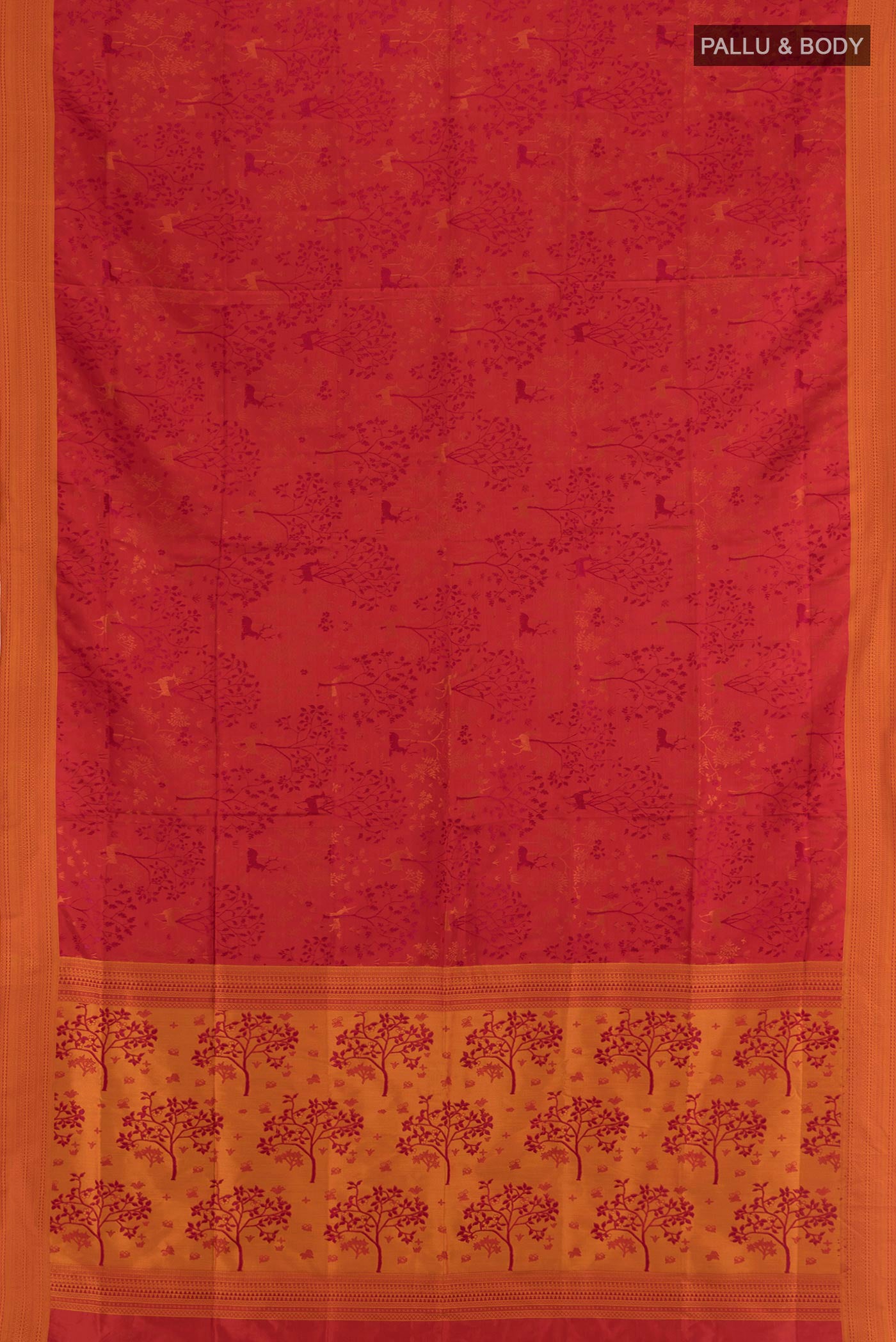 Flat view of Red Soft Silk Saree with Jacquard design on the body and Thread Border. 