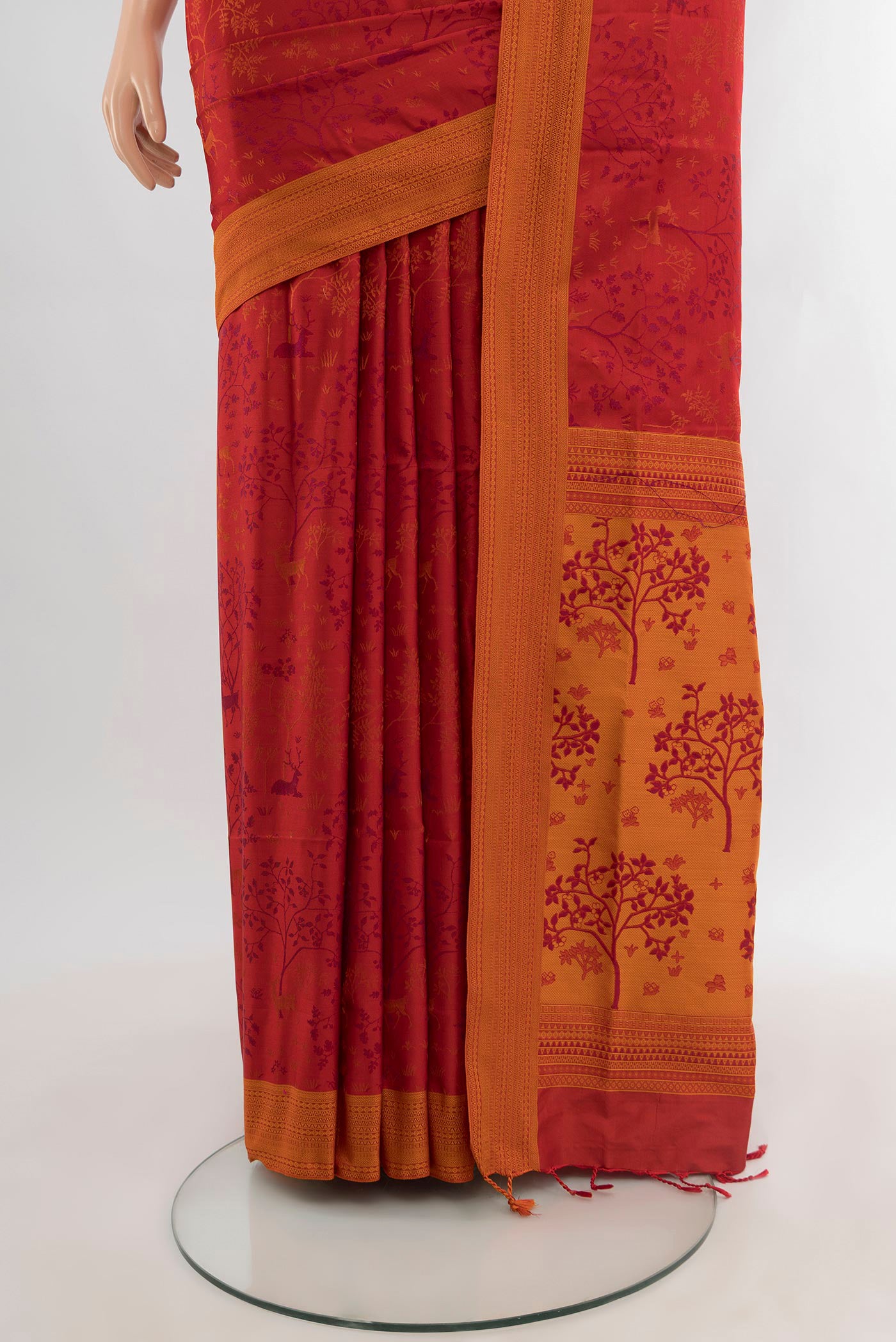 Pleats and pallu of Red Soft Silk Saree with Jacquard design on the body and Thread Border. 