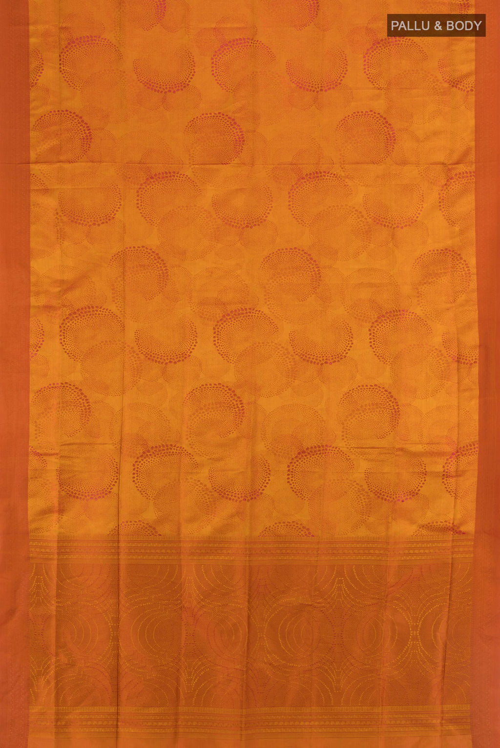 Flat view of Mustard Soft Silk Saree with Jacquard design on the body and Thread Border. 