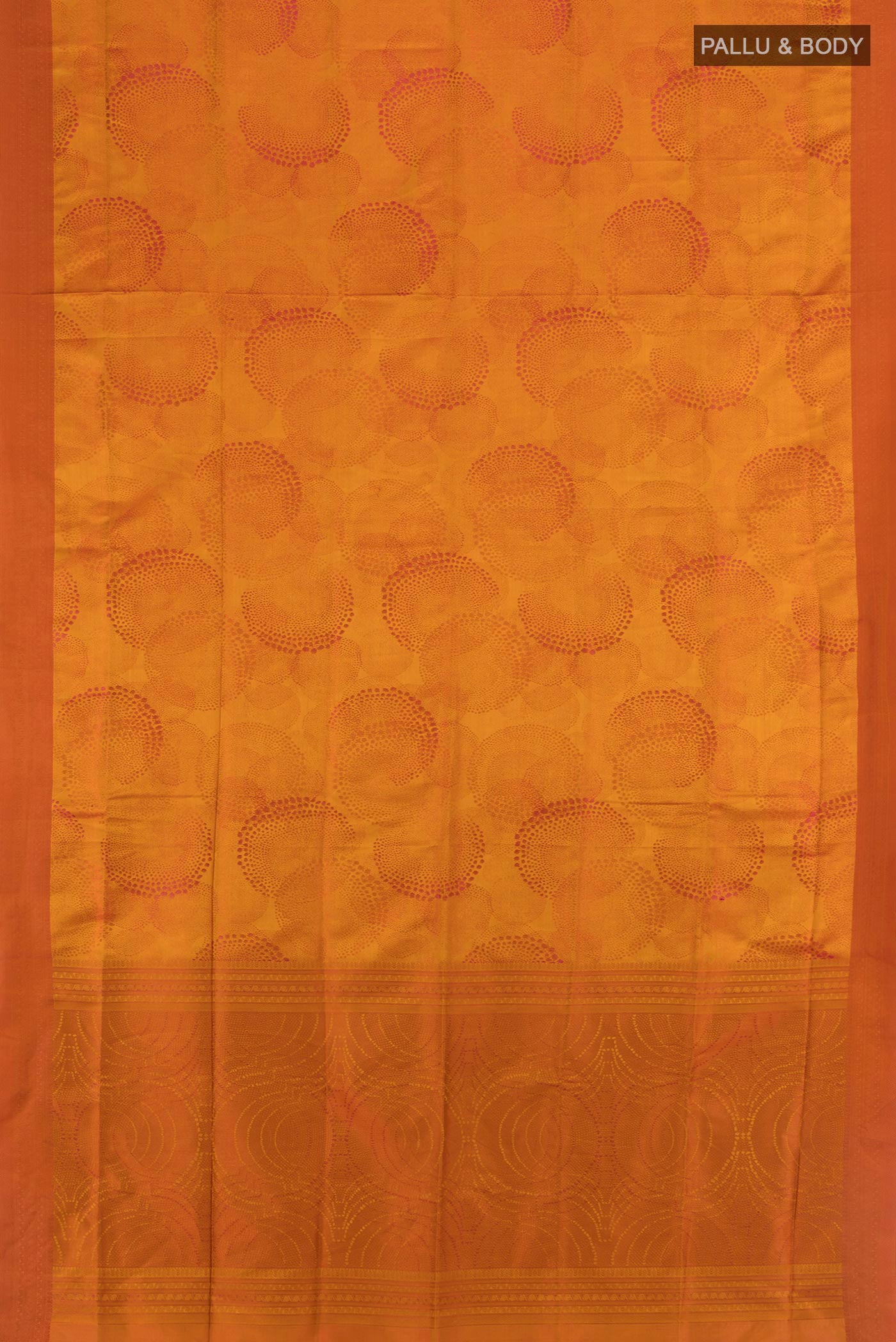 Flat view of Mustard Soft Silk Saree with Jacquard design on the body and Thread Border. 