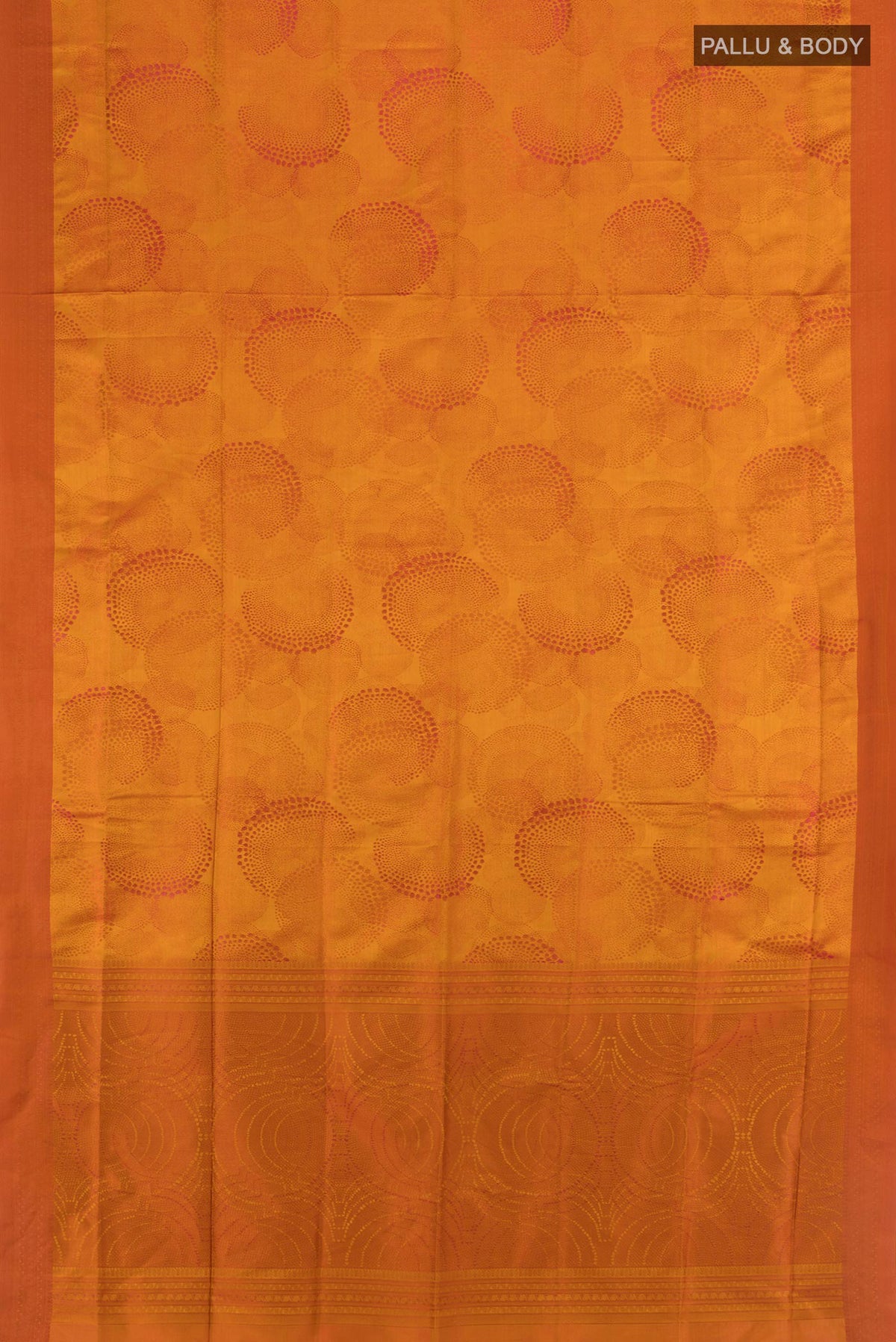 Flat view of Mustard Soft Silk Saree with Jacquard design on the body and Thread Border. 