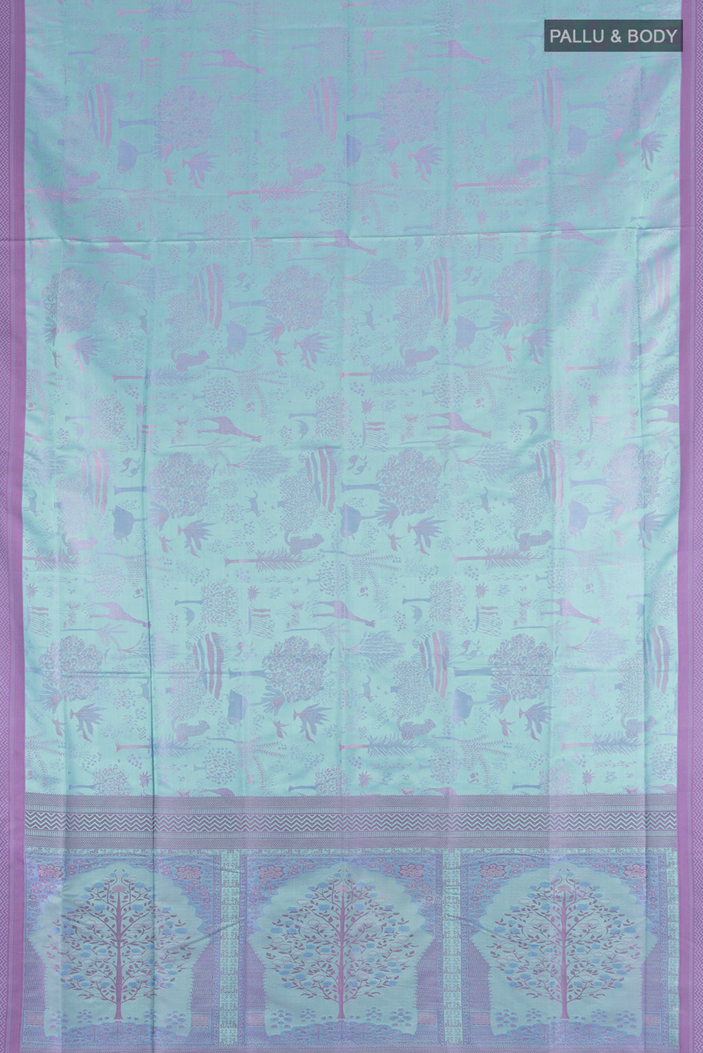 Flat view of Light Blue Soft Silk Saree with Jacquard design on the body and Thread Border. 