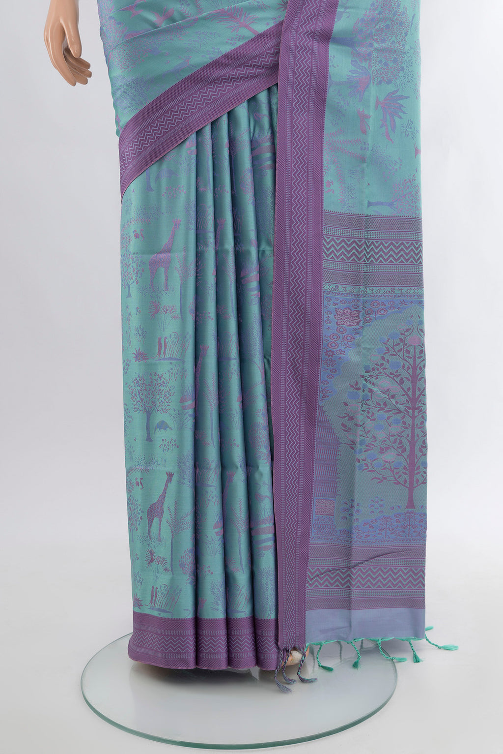 Pleats and pallu of Light Blue Soft Silk Saree with Jacquard design on the body and Thread Border. 