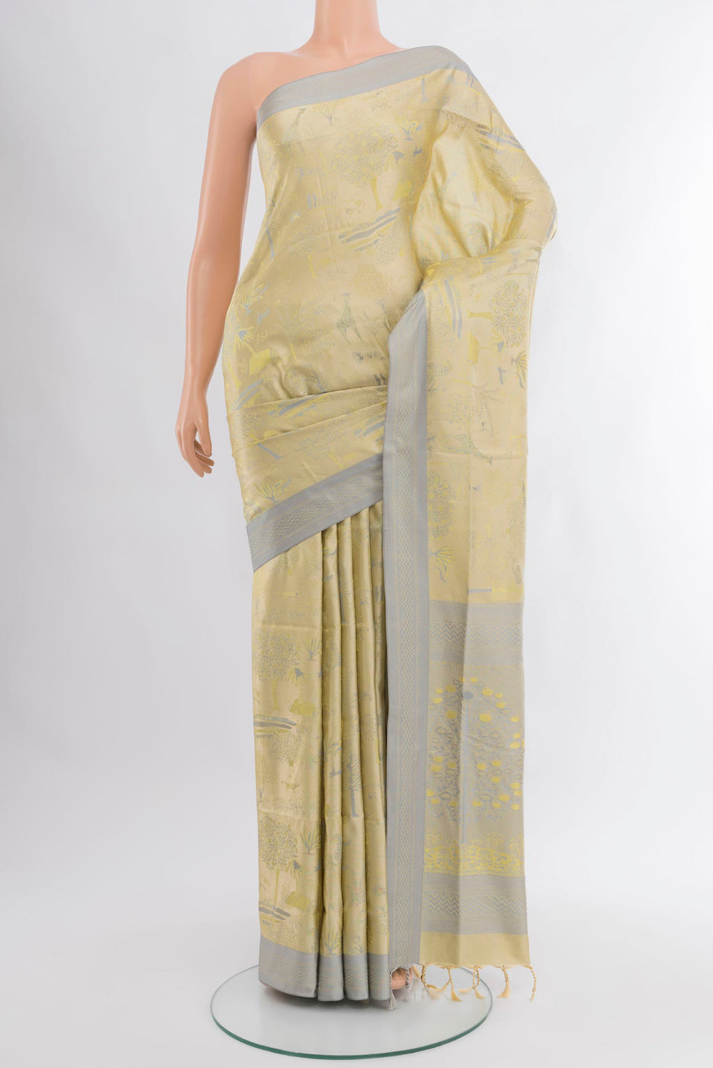 Lemon Yellow Soft Silk Saree with Jacquard design on the body and Thread Border.  displayed on a mannequin