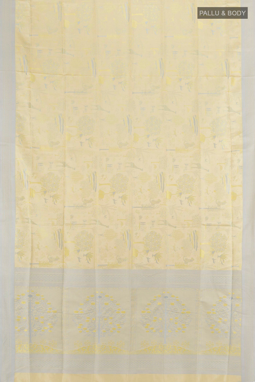 Flat view of Lemon Yellow Soft Silk Saree with Jacquard design on the body and Thread Border. 