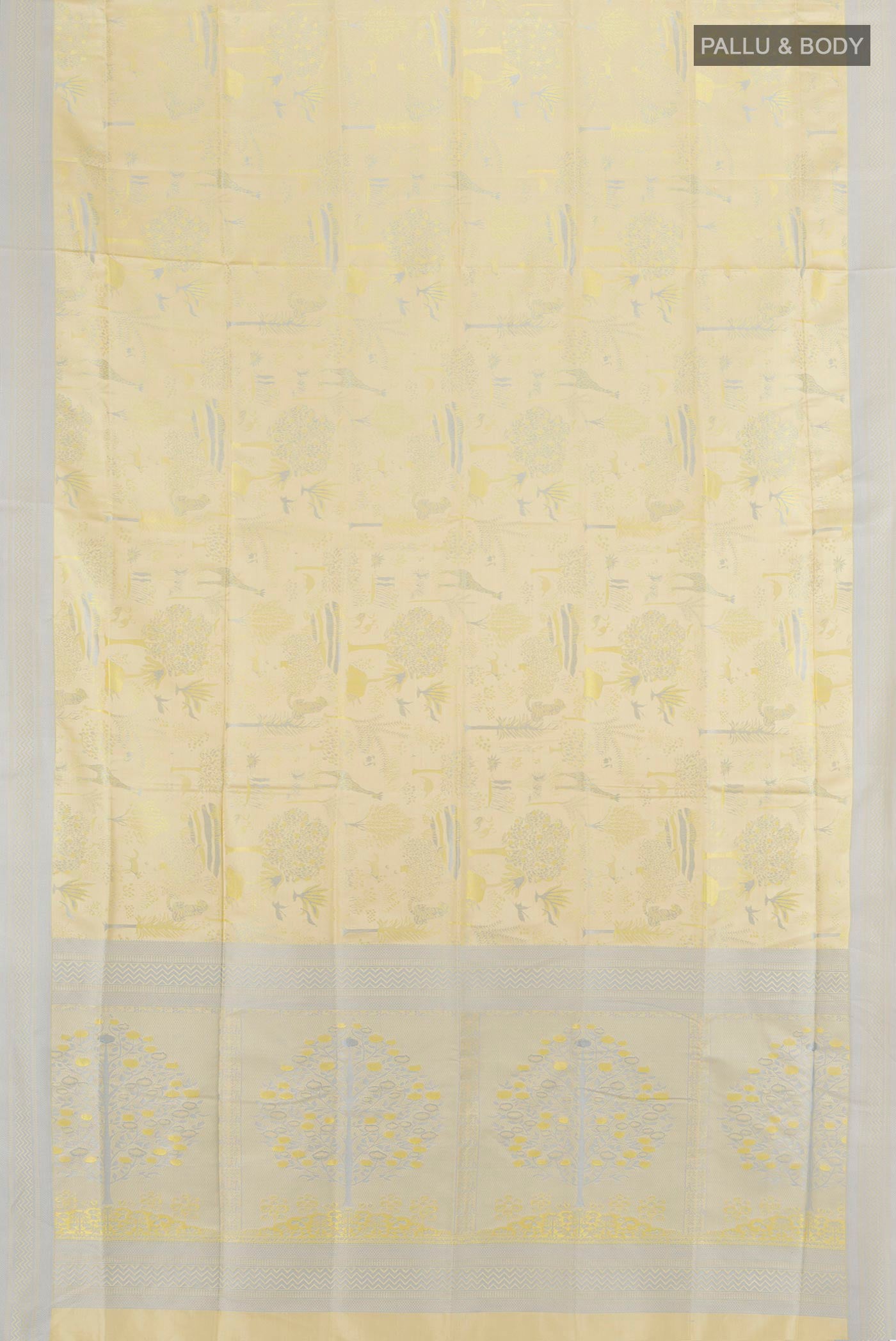 Flat view of Lemon Yellow Soft Silk Saree with Jacquard design on the body and Thread Border. 