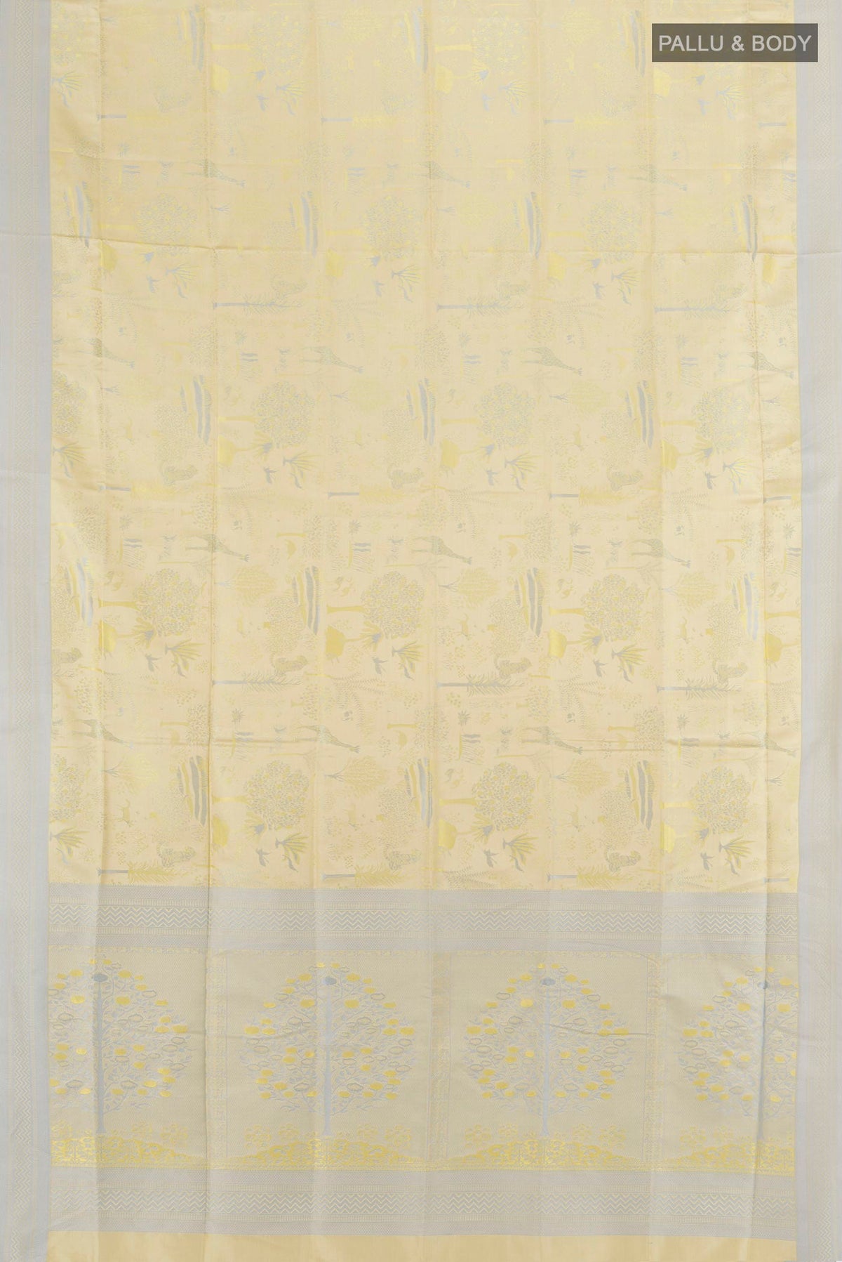 Flat view of Lemon Yellow Soft Silk Saree with Jacquard design on the body and Thread Border. 