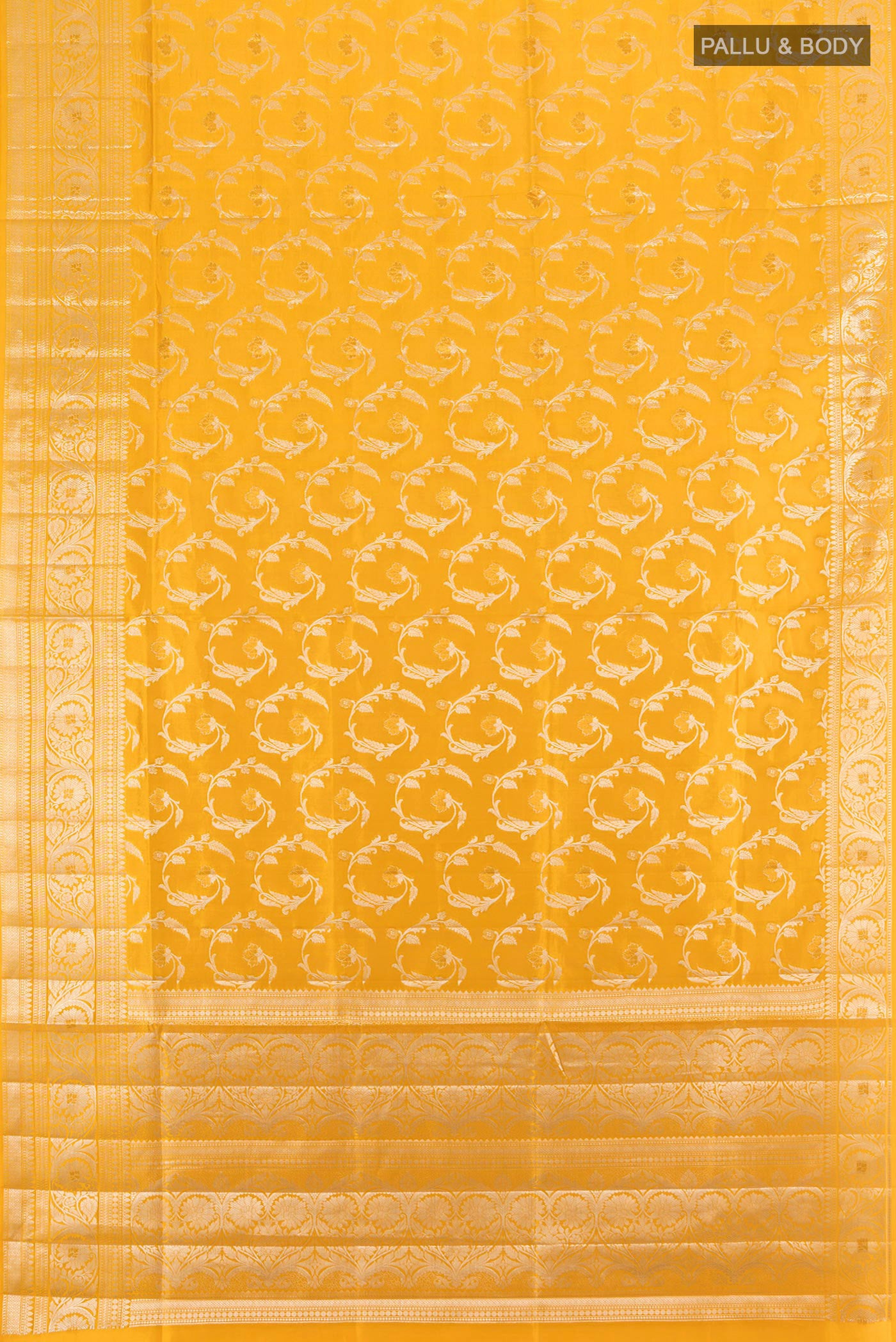 Flat view of Yellow Banarasi Raw Silk Saree with Zari Butta on the body and Zari Border. 