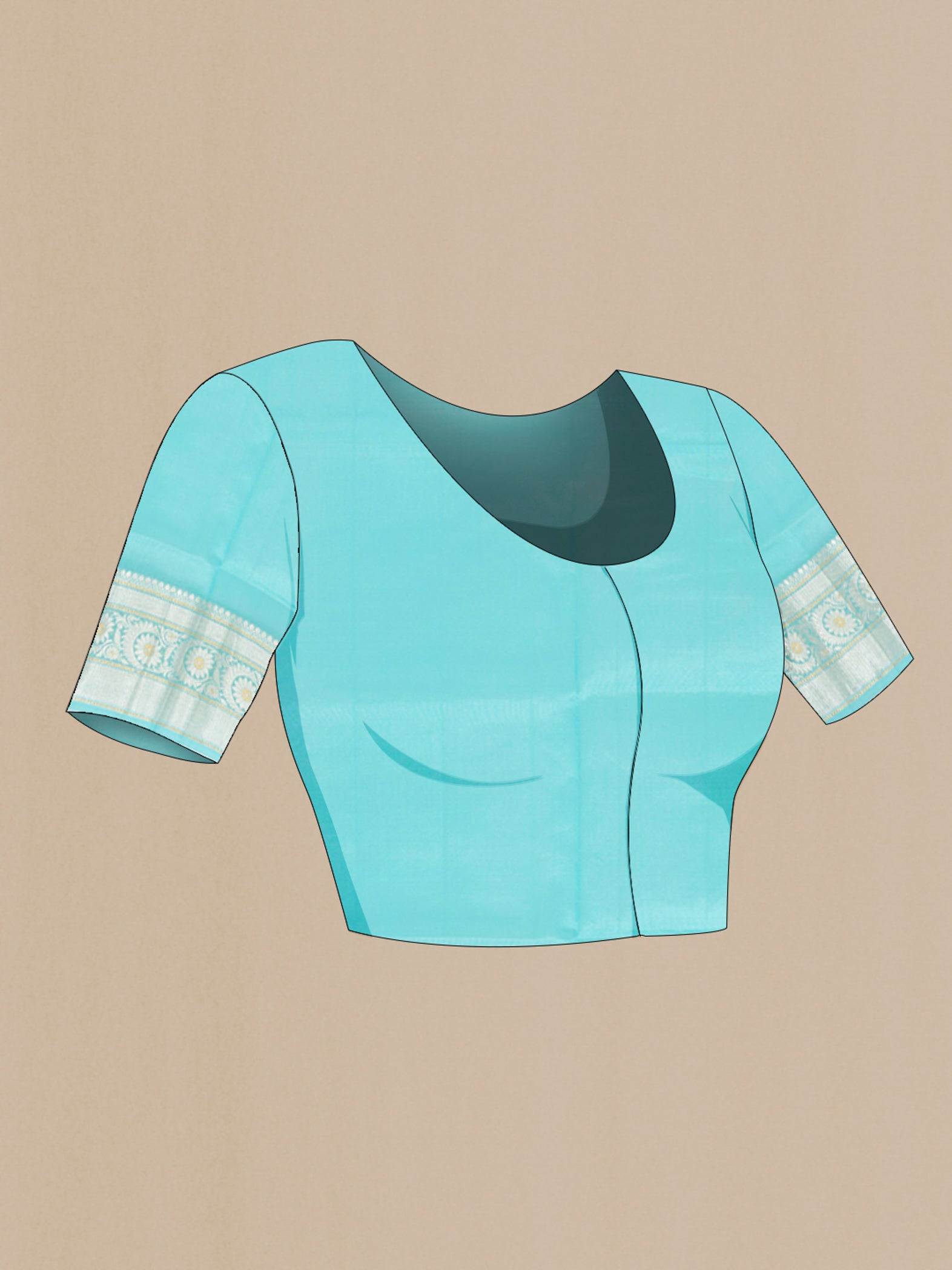 Close up image of the blouse of Sky Blue Banarasi Raw Silk Saree with Zari Butta on the body and Zari Border. 