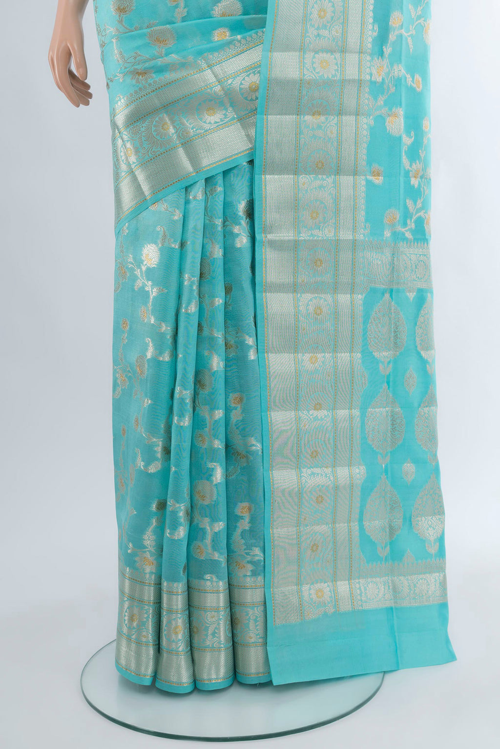 Pleats and pallu of Sky Blue Banarasi Raw Silk Saree with Zari Butta on the body and Zari Border. 