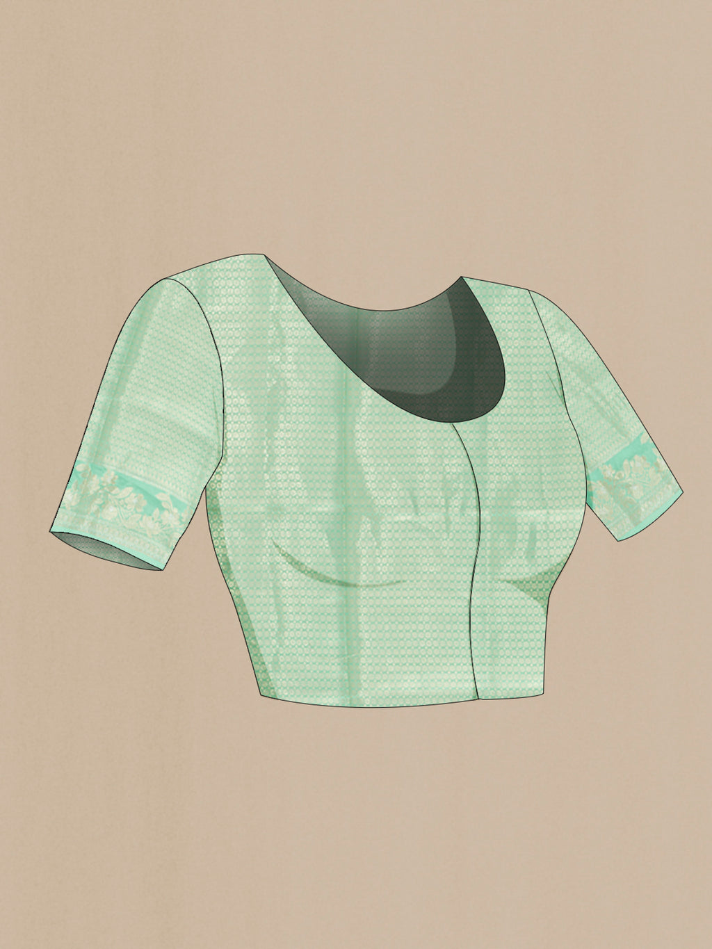 Close up image of the blouse of Sea Green Banarasi Raw Silk Saree with Zari Butta on the body and Zari Border. 