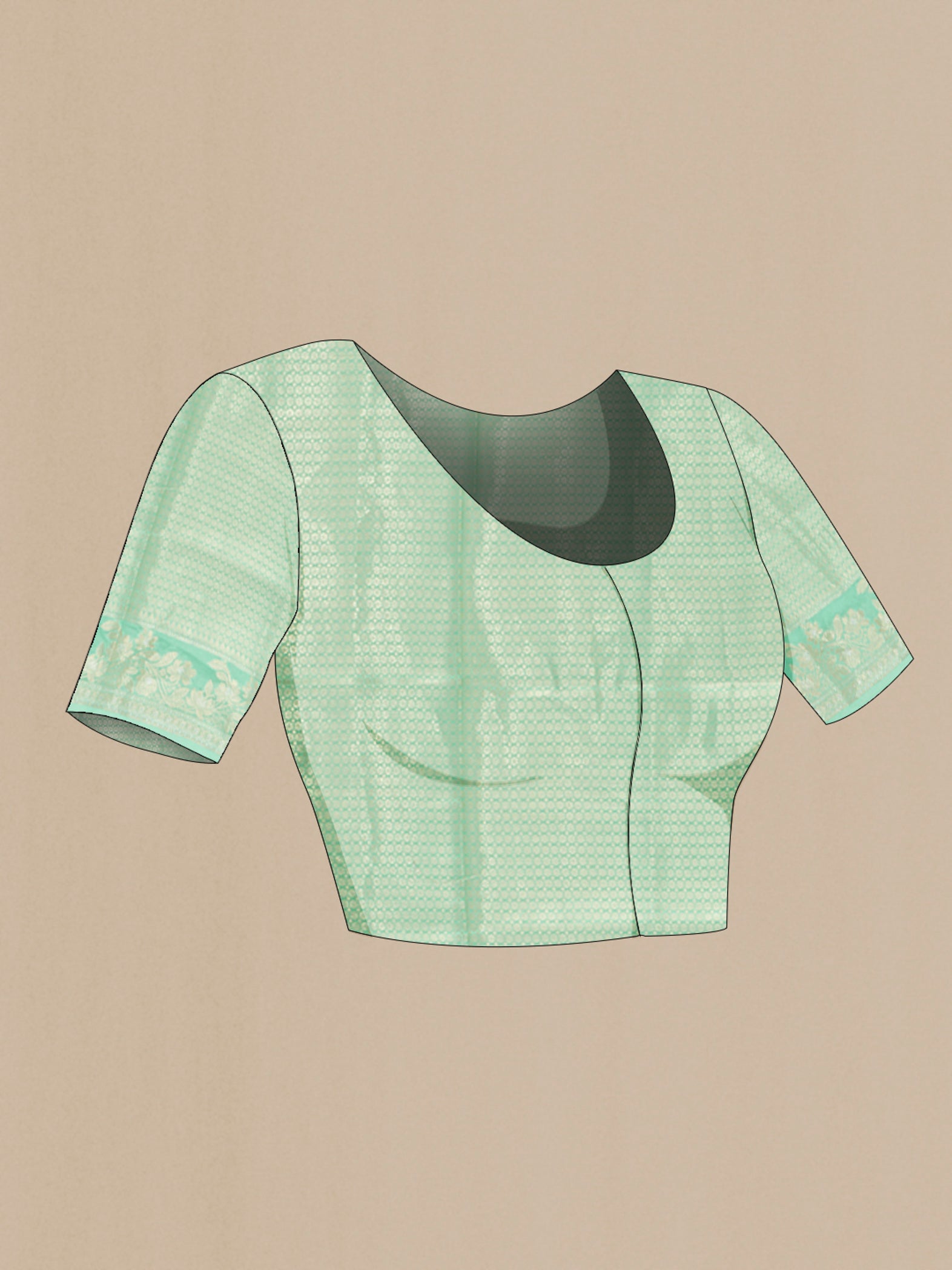 Close up image of the blouse of Sea Green Banarasi Raw Silk Saree with Zari Butta on the body and Zari Border. 