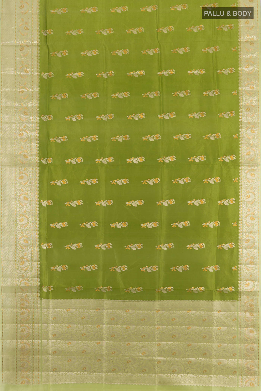 Flat view of Green Banarasi Katan Silk Saree with Zari Butta on the body and Zari Border. 