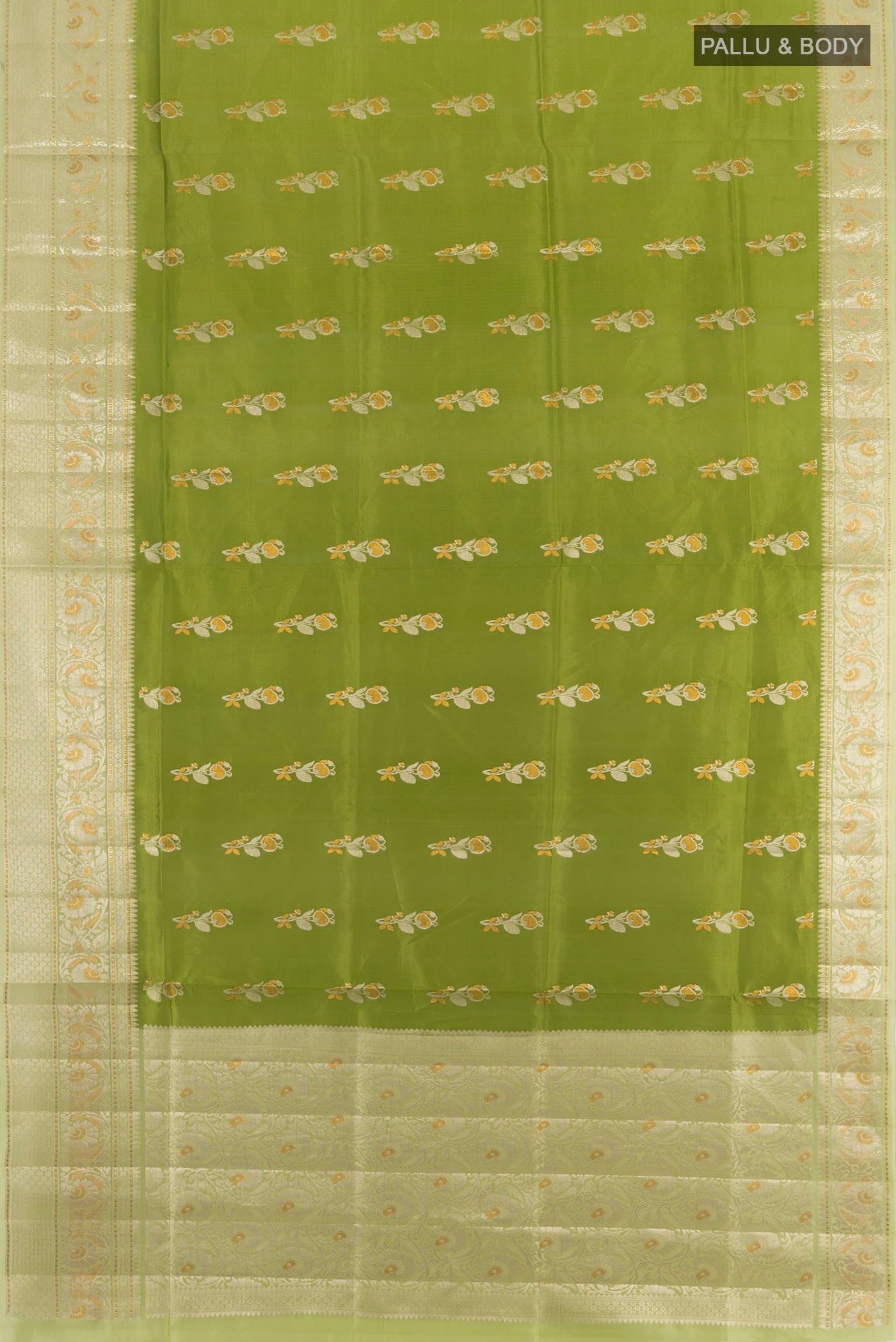 Flat view of Green Banarasi Katan Silk Saree with Zari Butta on the body and Zari Border. 
