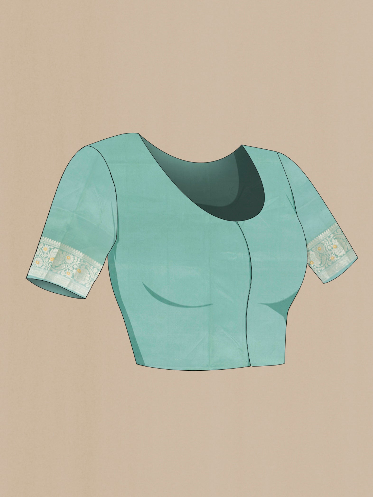 Close up image of the blouse of Bottle Green Banarasi Raw Silk Saree with Zari Butta on the body and Zari Border. 