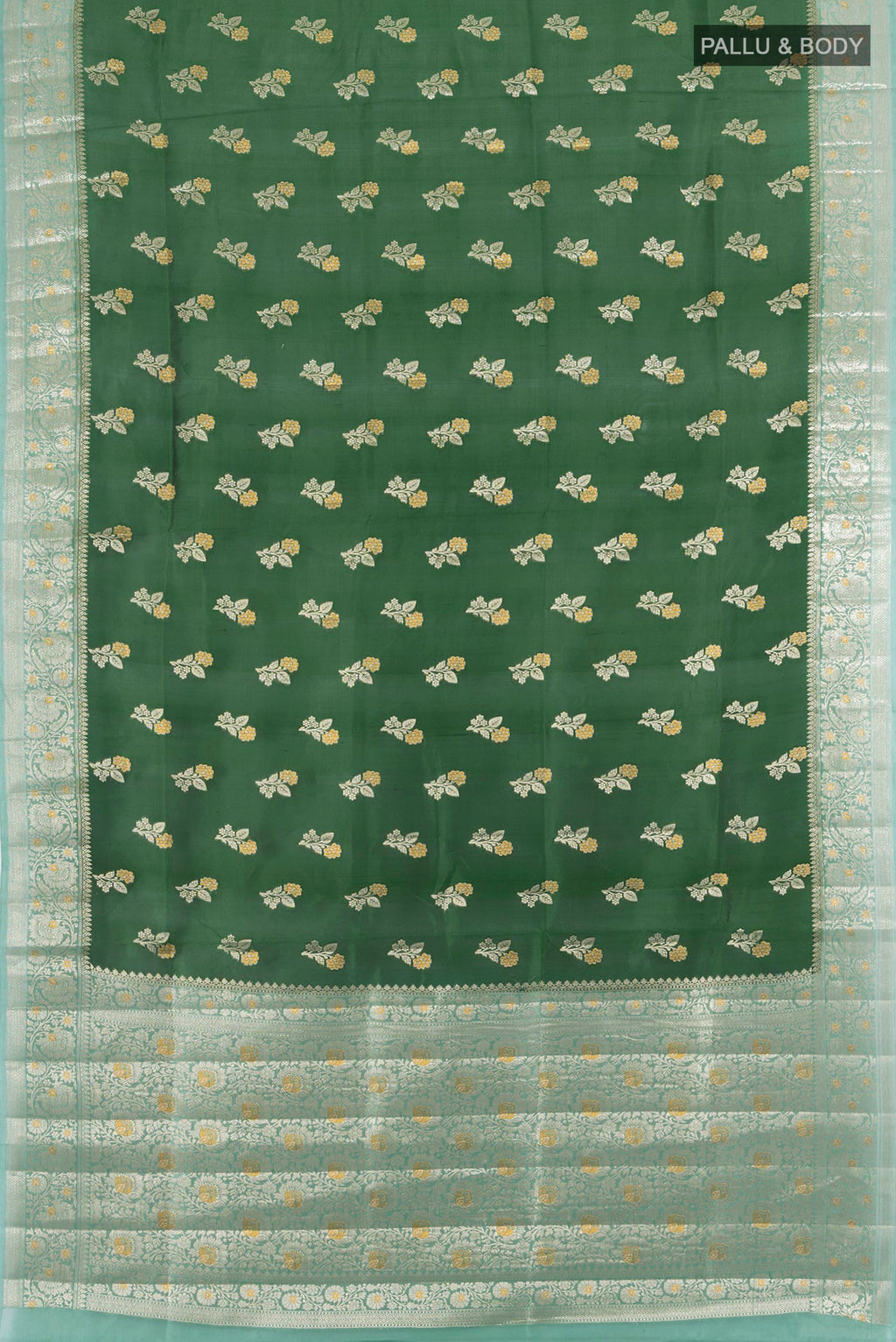 Flat view of Bottle Green Banarasi Raw Silk Saree with Zari Butta on the body and Zari Border. 