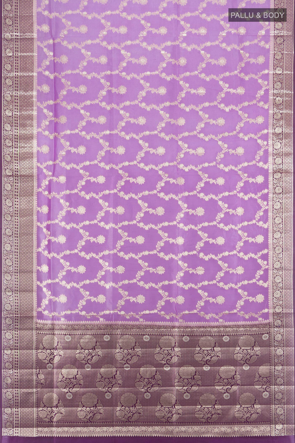 Flat view of Lavender Banarasi Raw Silk Saree with Zari Butta on the body and Zari Border. 
