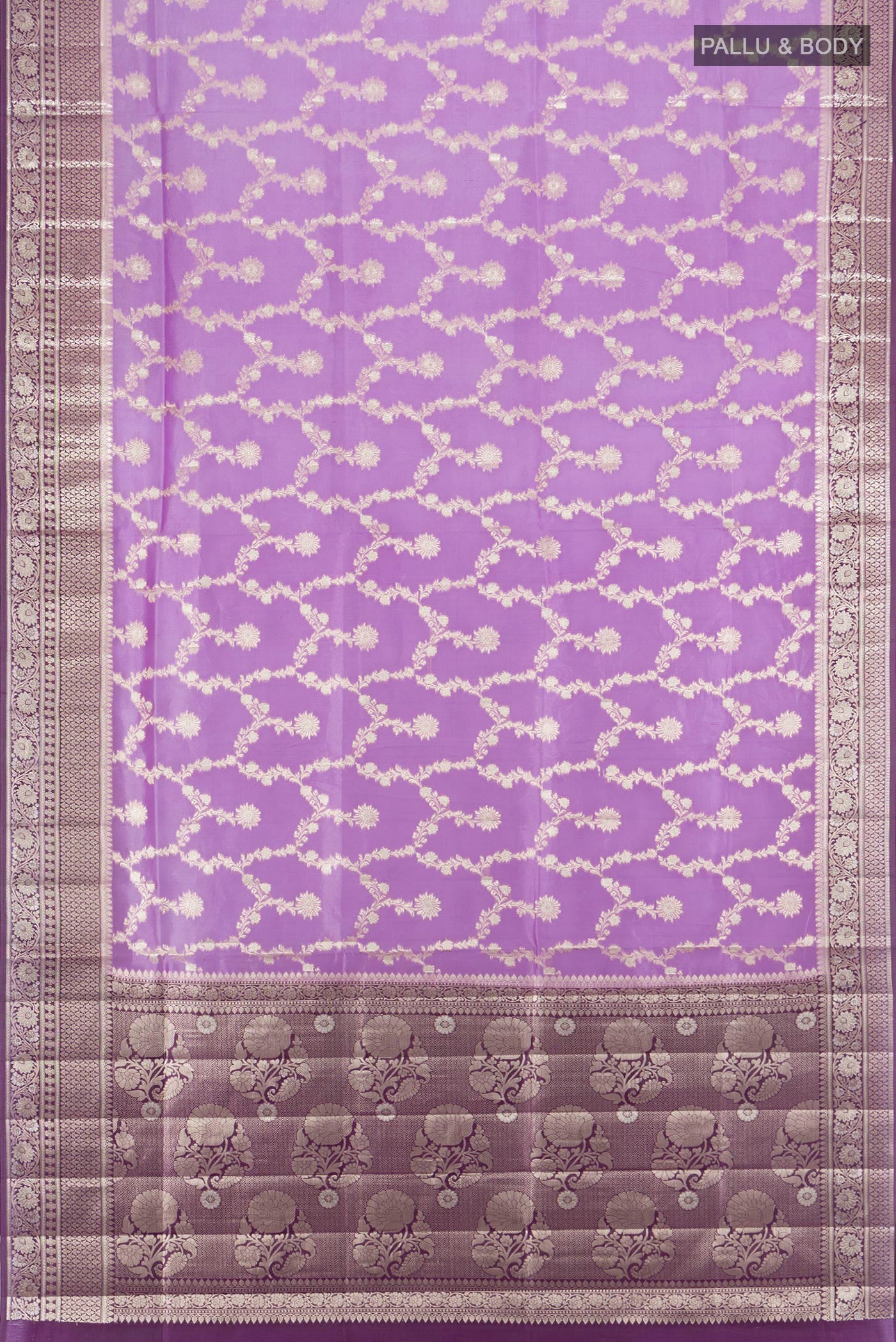 Flat view of Lavender Banarasi Raw Silk Saree with Zari Butta on the body and Zari Border. 