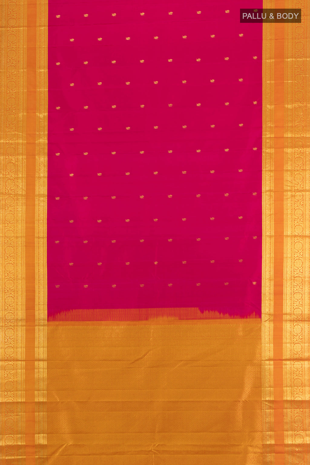 Flat view of Dark Pink Kanchipuram Silk Saree with Zari Butta on the body and Zari Border. 
