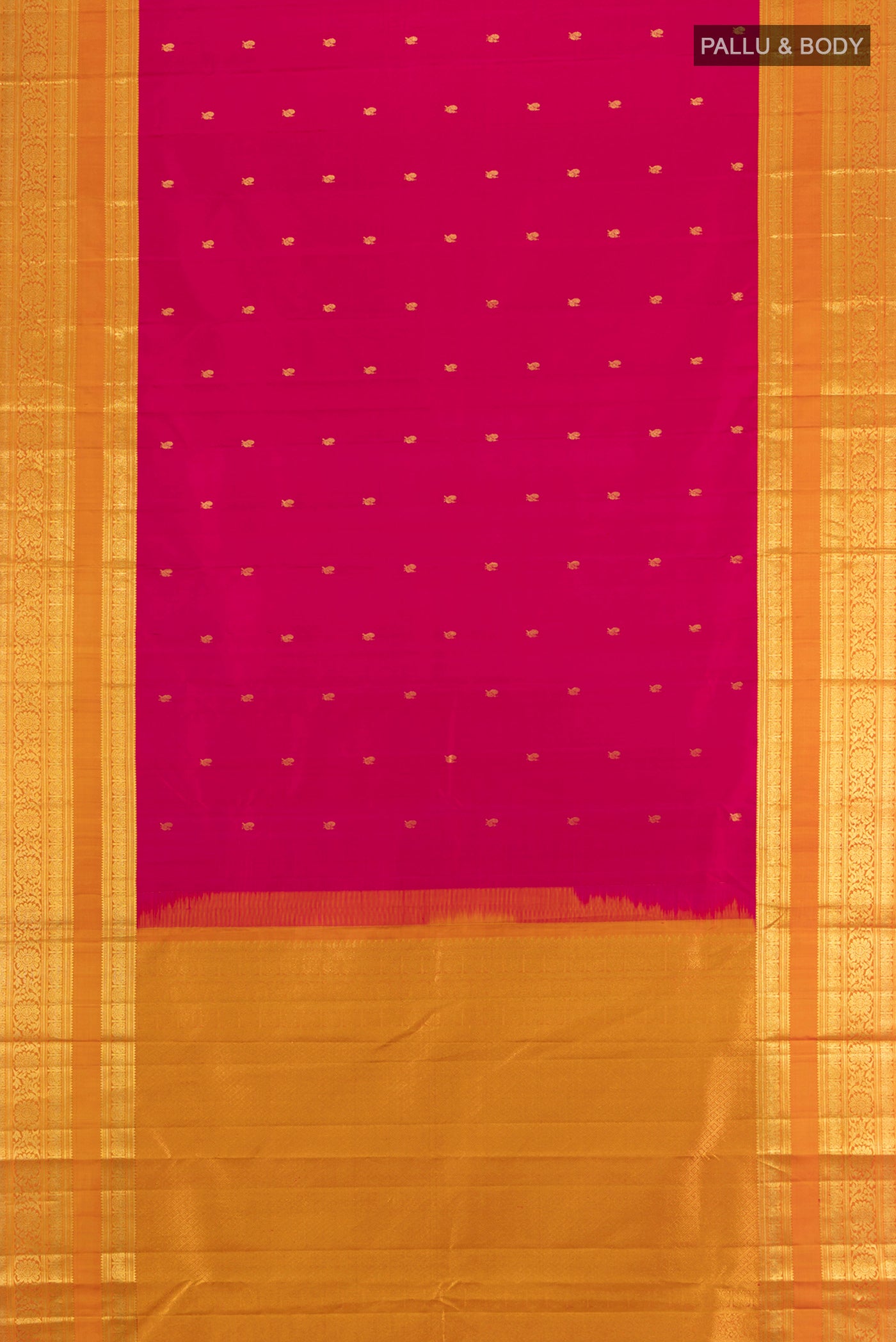 Flat view of Dark Pink Kanchipuram Silk Saree with Zari Butta on the body and Zari Border. 