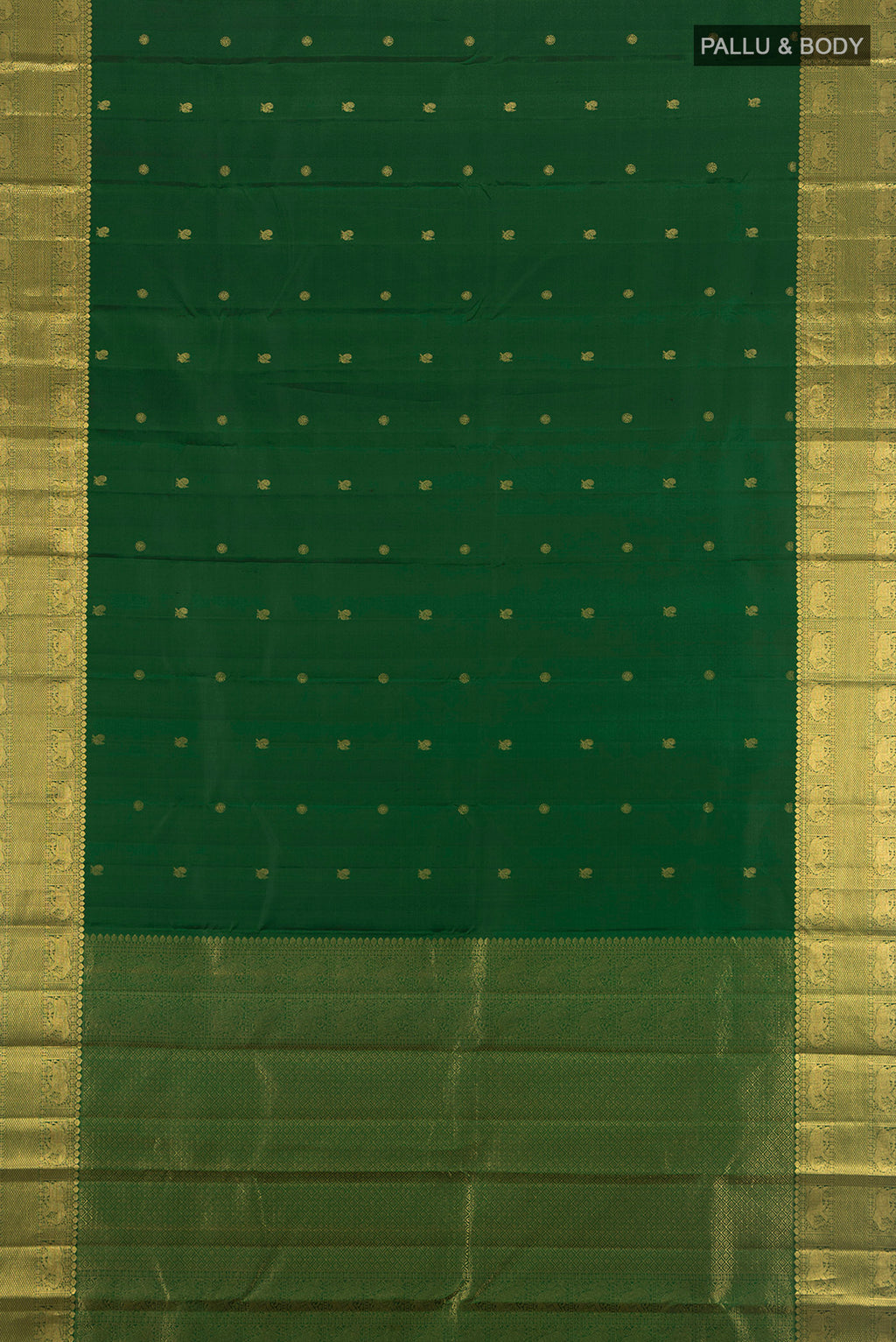 Flat view of Bottle Green Kanchipuram Silk Saree with Zari Butta on the body and Zari Border. 