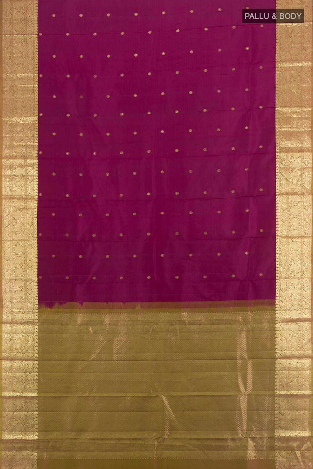 Flat view of Pure Silk Maroon Kanchipuram Saree with Zari Butta on the body and Zari Border. 