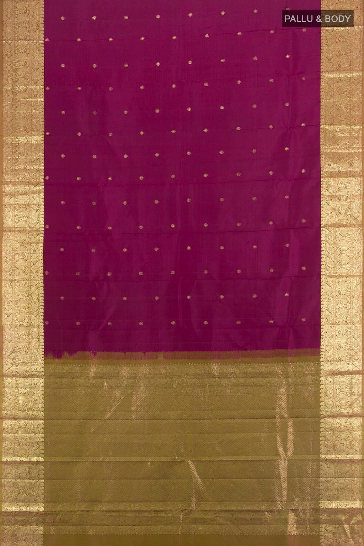 Flat view of Pure Silk Maroon Kanchipuram Saree with Zari Butta on the body and Zari Border. 
