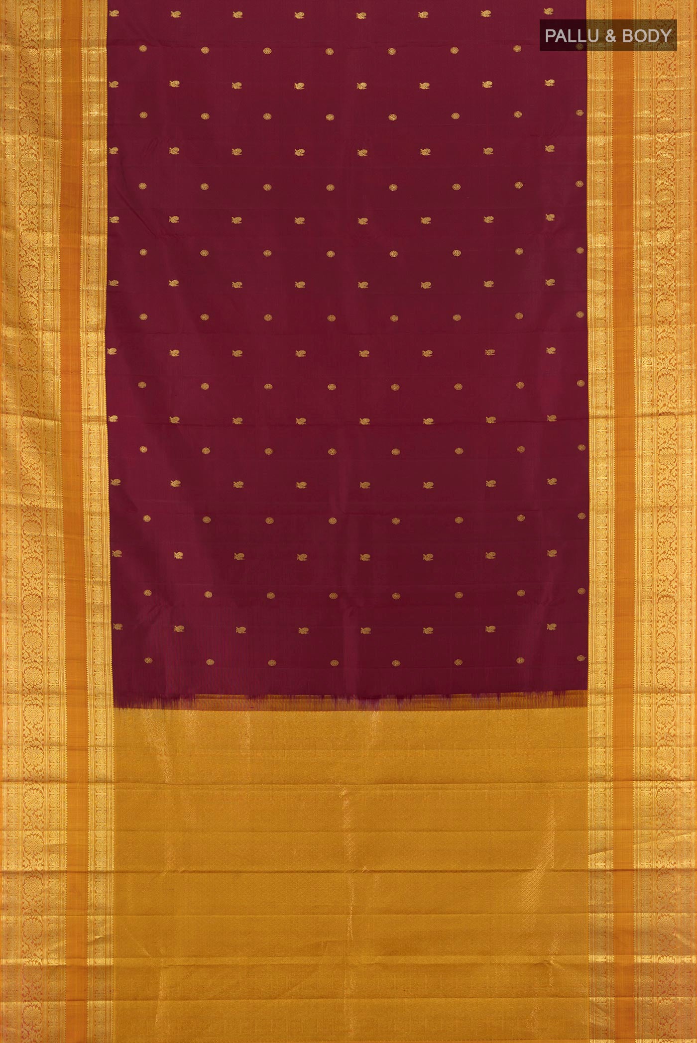 Flat view of Maroon Kanchipuram Silk Saree with Zari Butta on the body and Zari Border. 