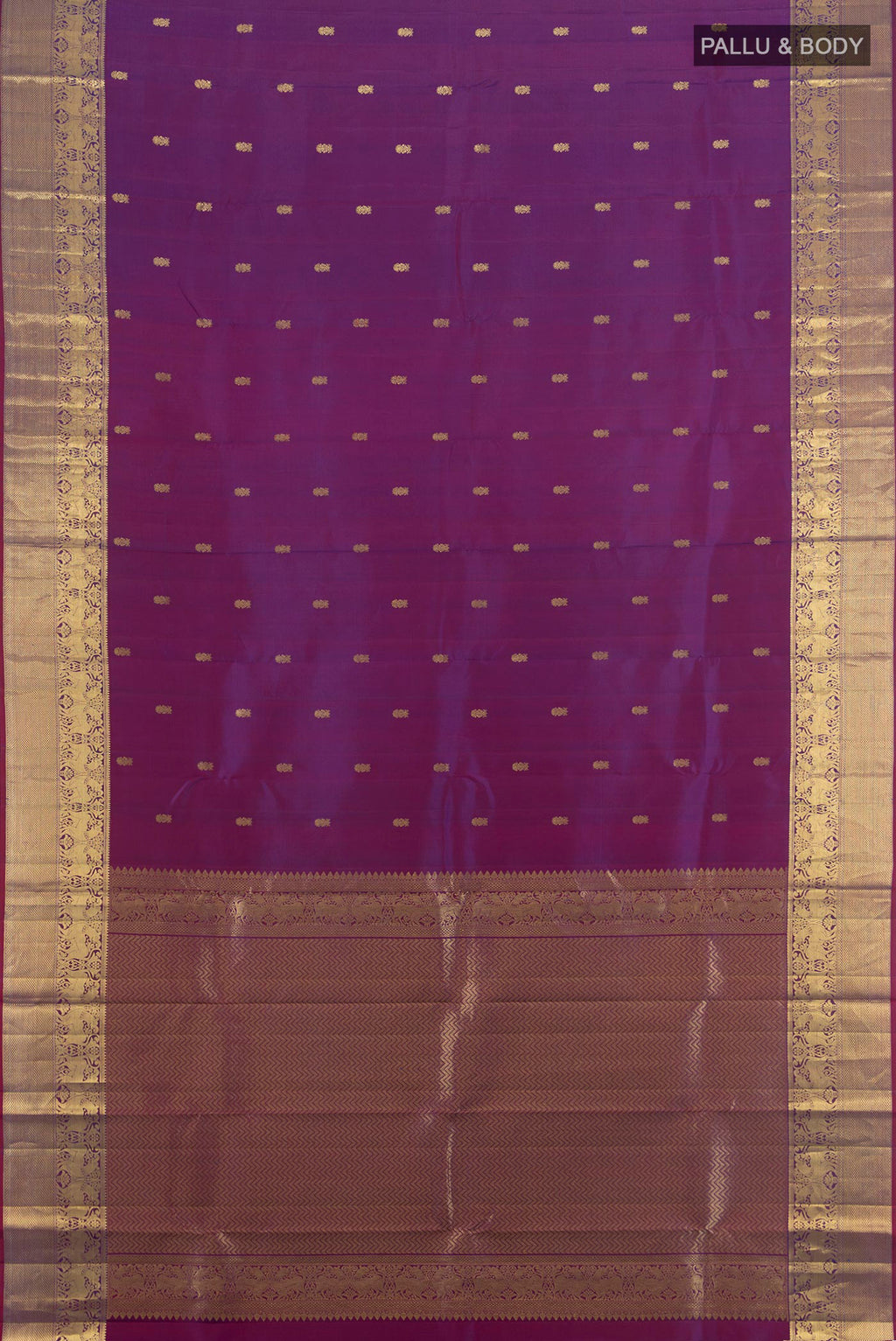 Flat view of Pure Silk Violet Kanchipuram Saree with Zari Butta on the body and Silk Border. 