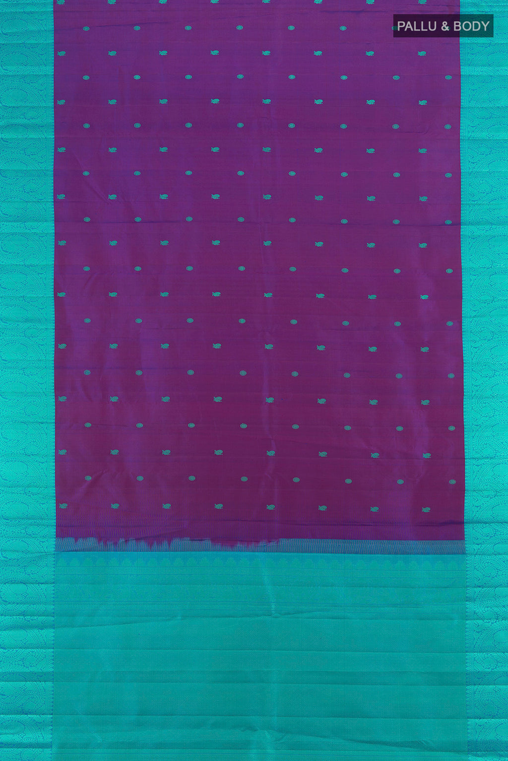 Flat view of Magenta Kanchipuram Silk Saree with Zari Butta on the body and Silk Border. 