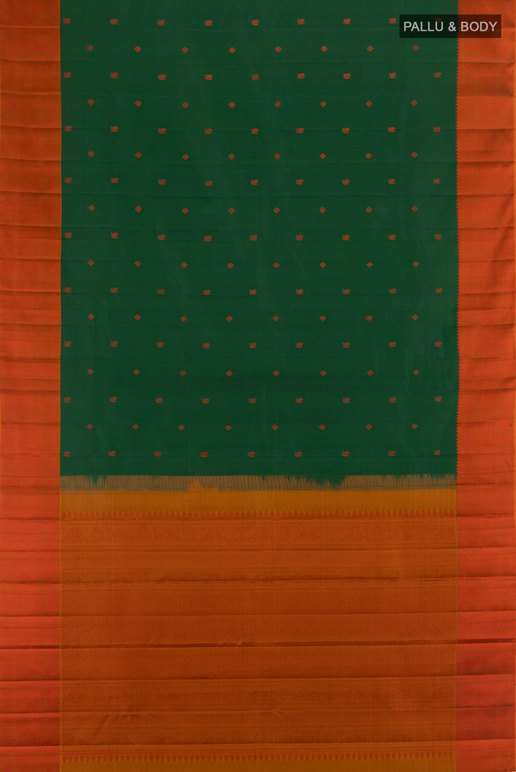 Flat view of Bottle Green Kanchipuram Silk Saree with Thread Butta on the body and Thread Border. 
