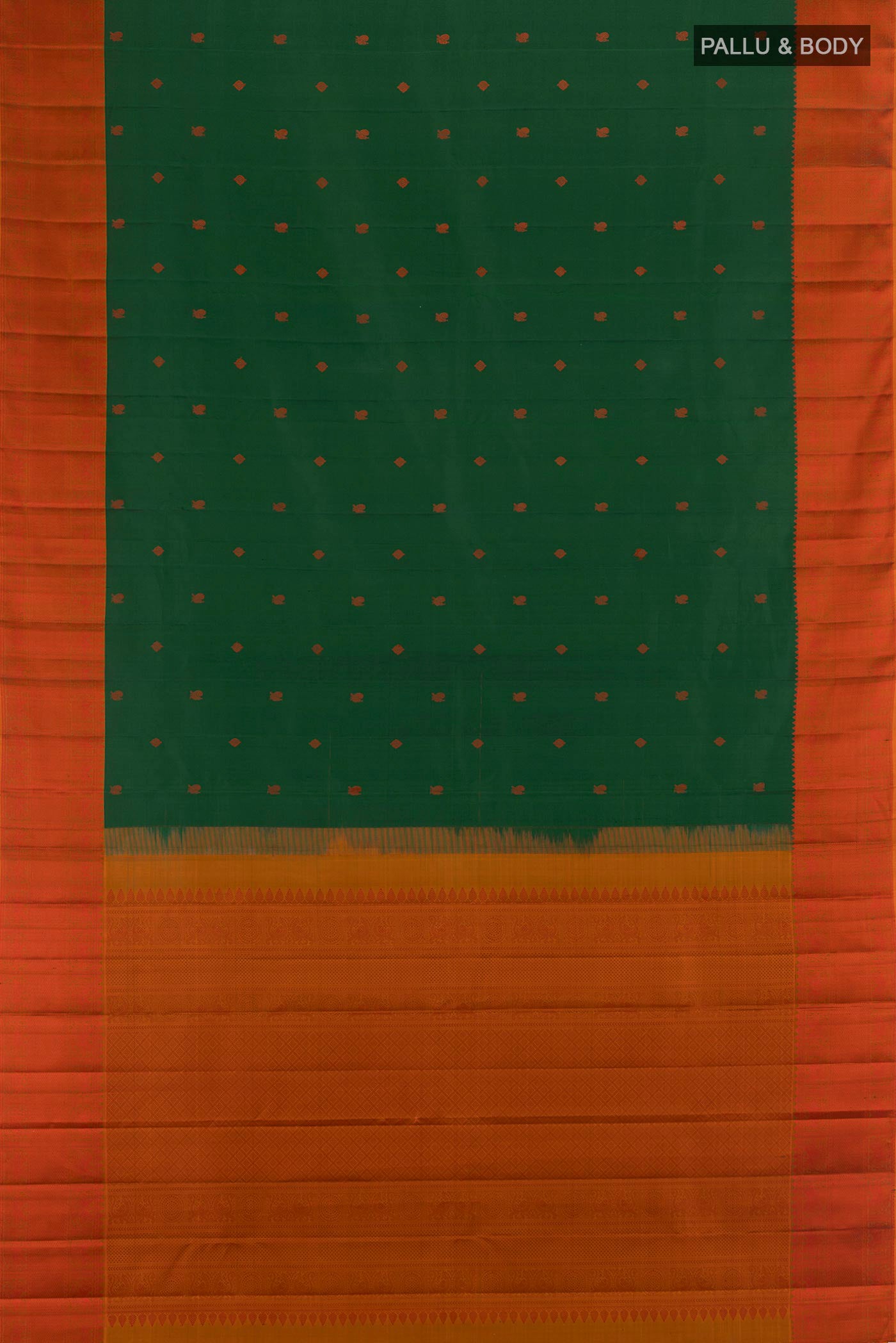 Flat view of Bottle Green Kanchipuram Silk Saree with Thread Butta on the body and Thread Border. 