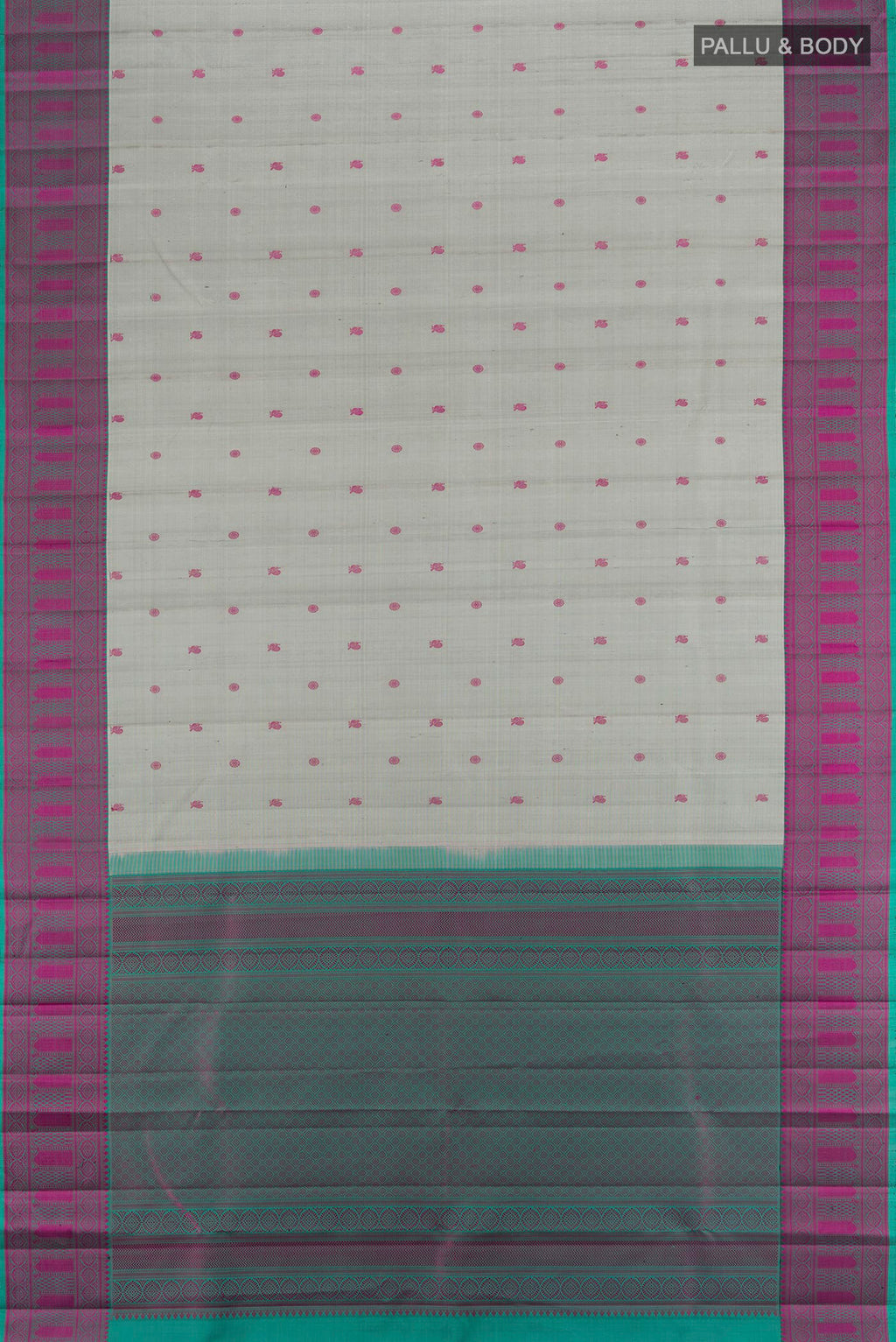 Flat view of Davys Grey Kanchipuram Silk Saree with Thread Butta on the body and Thread Border. 