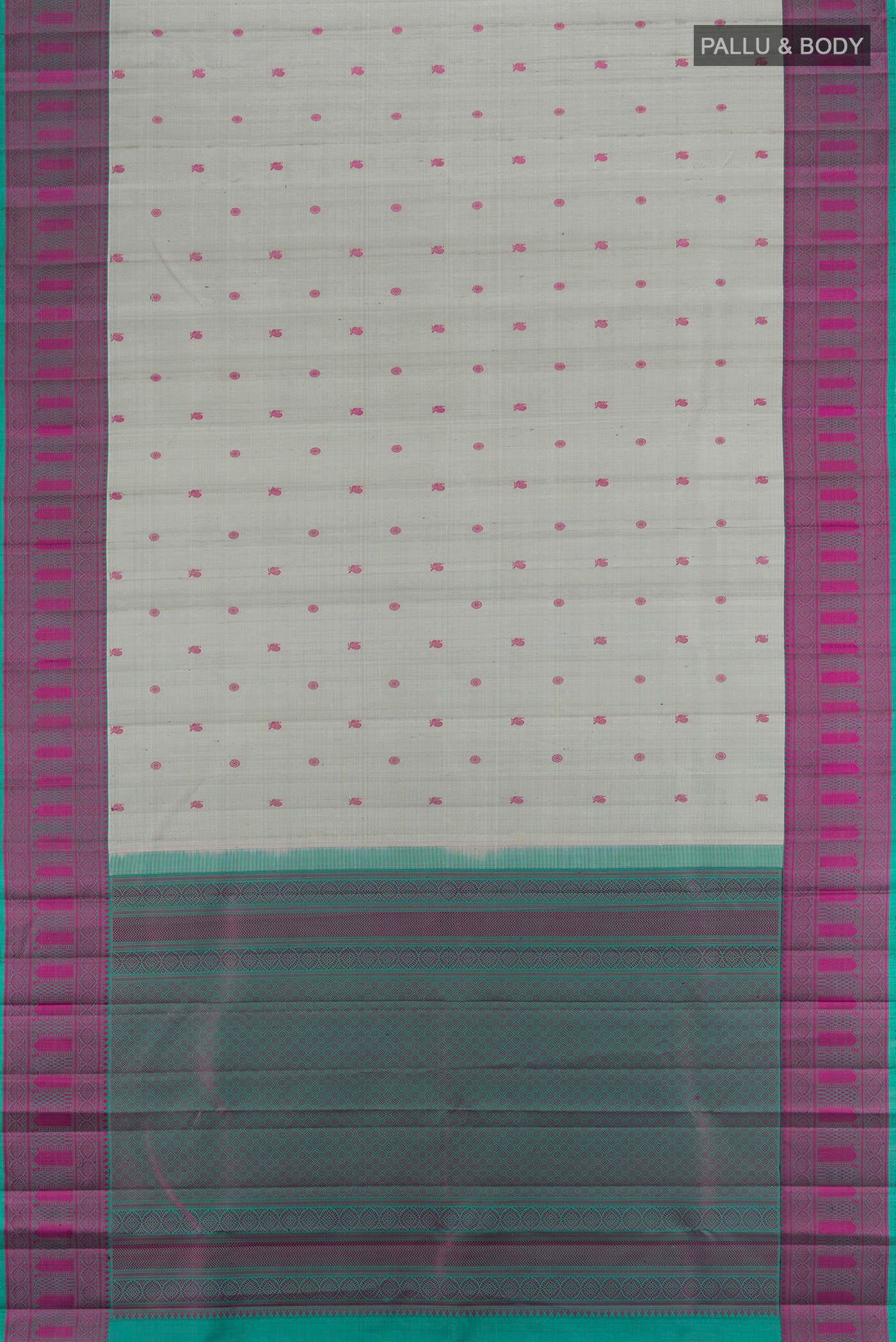 Flat view of Davys Grey Kanchipuram Silk Saree with Thread Butta on the body and Thread Border. 
