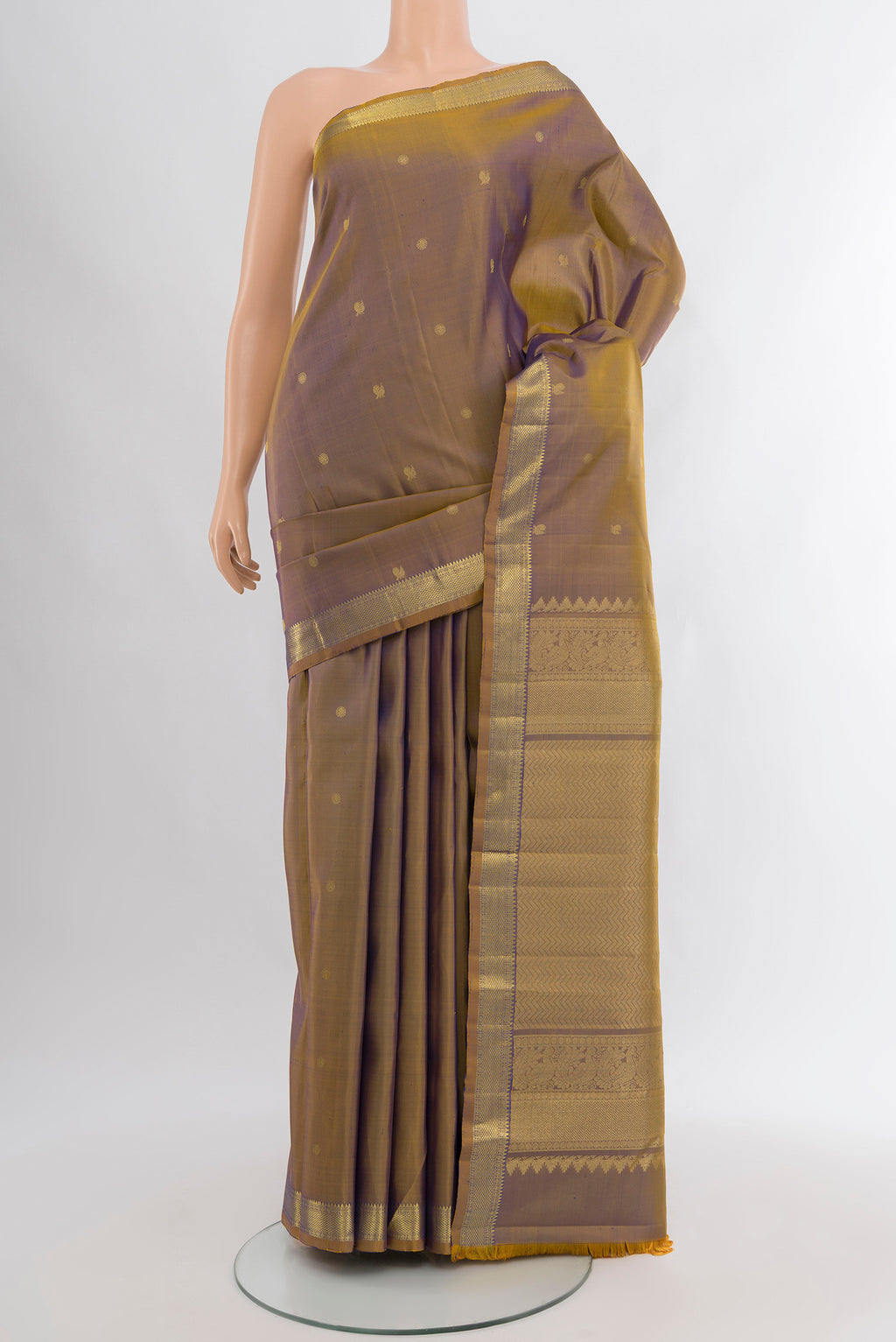 Violet Dual Tone Kanchipuram Silk Saree with Zari Butta on the body and Zari Border.  displayed on a mannequin