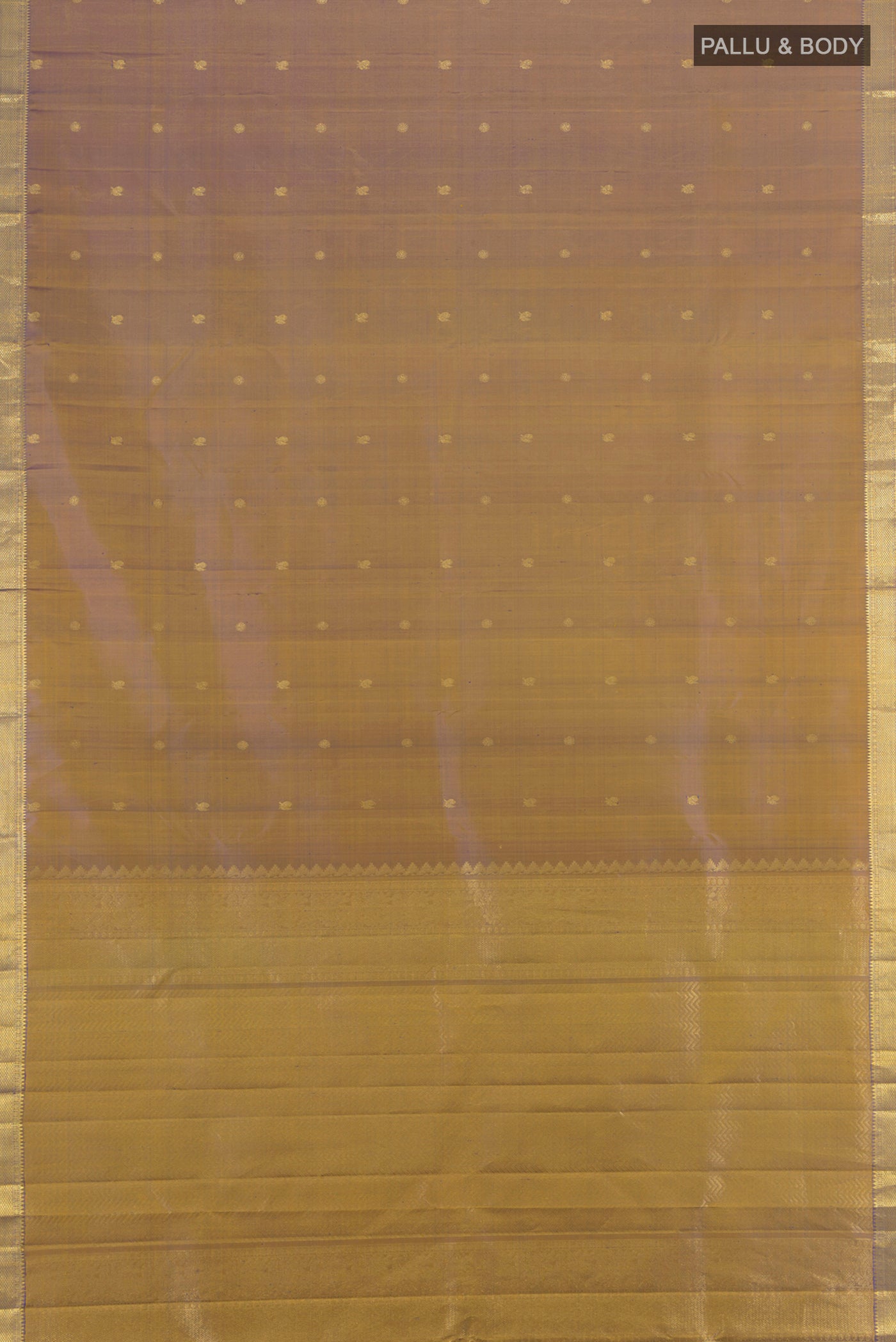 Flat view of Violet Dual Tone Kanchipuram Silk Saree with Zari Butta on the body and Zari Border. 