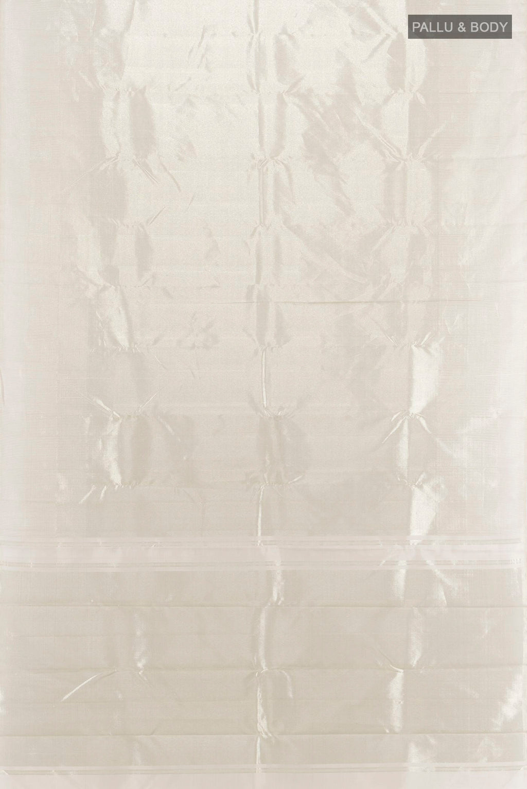 Flat view of Off White Kanchipuram Silk Saree with Zari Brocade on the body and Without Border. 