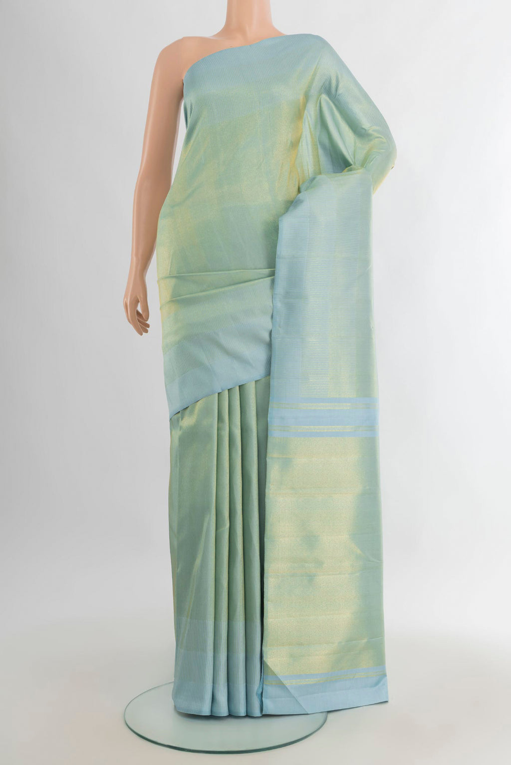 Pure Silk Light Blue Kanchipuram Saree with Zari Brocade on the body and Temple Border.  displayed on a mannequin