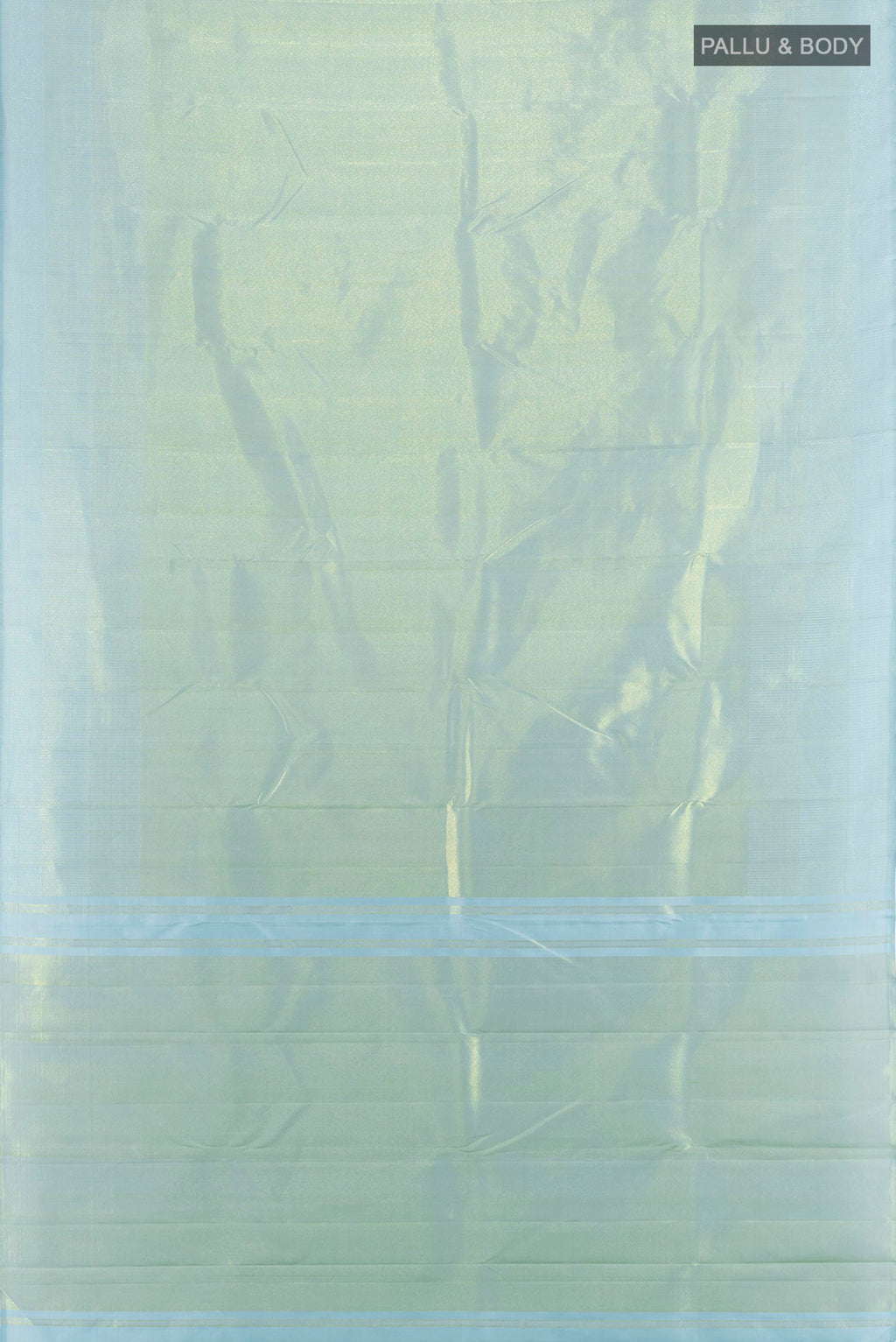Flat view of Pure Silk Light Blue Kanchipuram Saree with Zari Brocade on the body and Temple Border. 