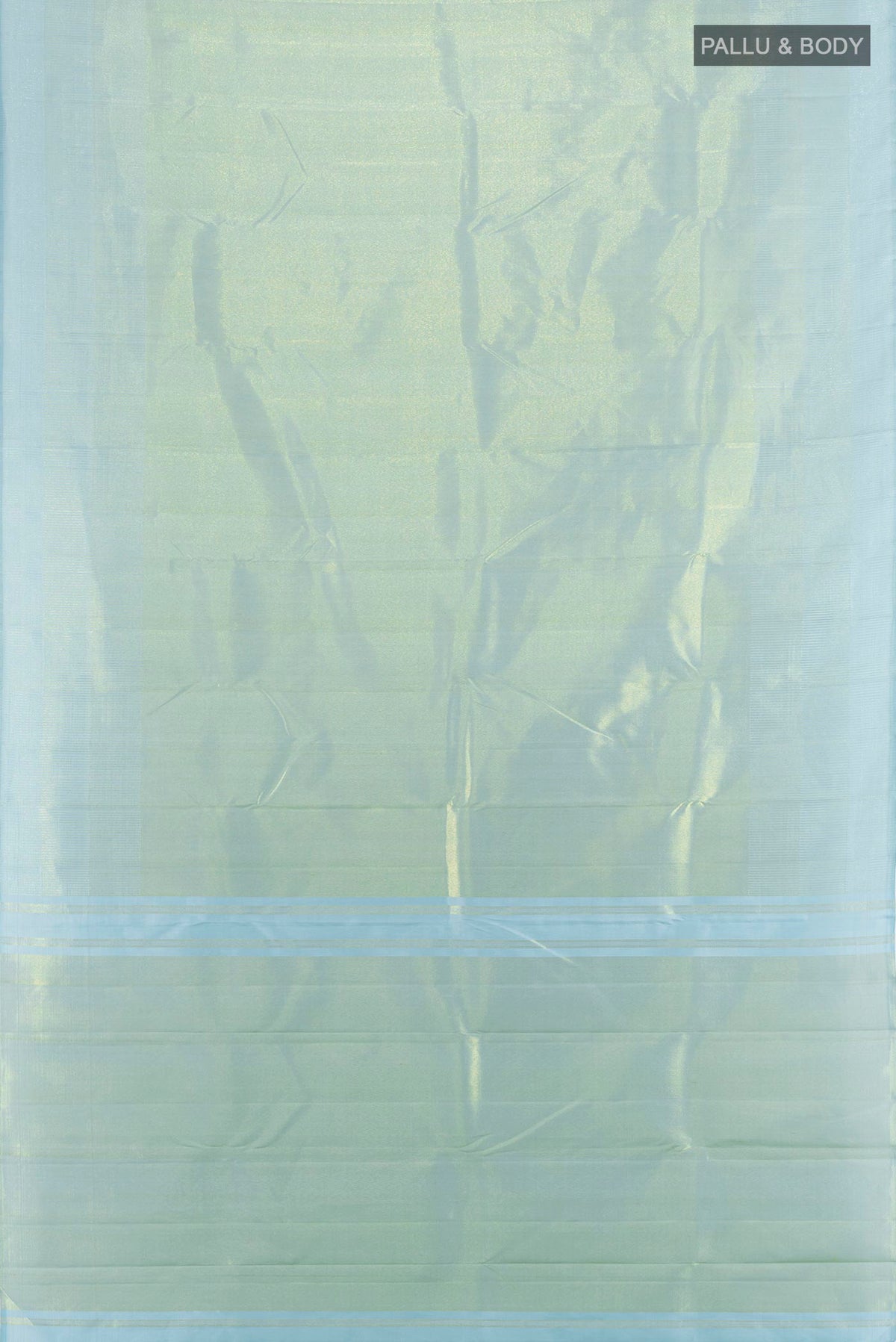 Flat view of Pure Silk Light Blue Kanchipuram Saree with Zari Brocade on the body and Temple Border. 
