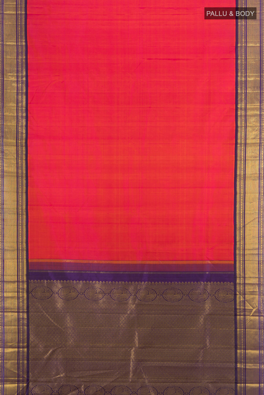 Flat view of Pure Silk Pure Zari Peach Kanjivaram Saree with Plain Body and Silk Border. 