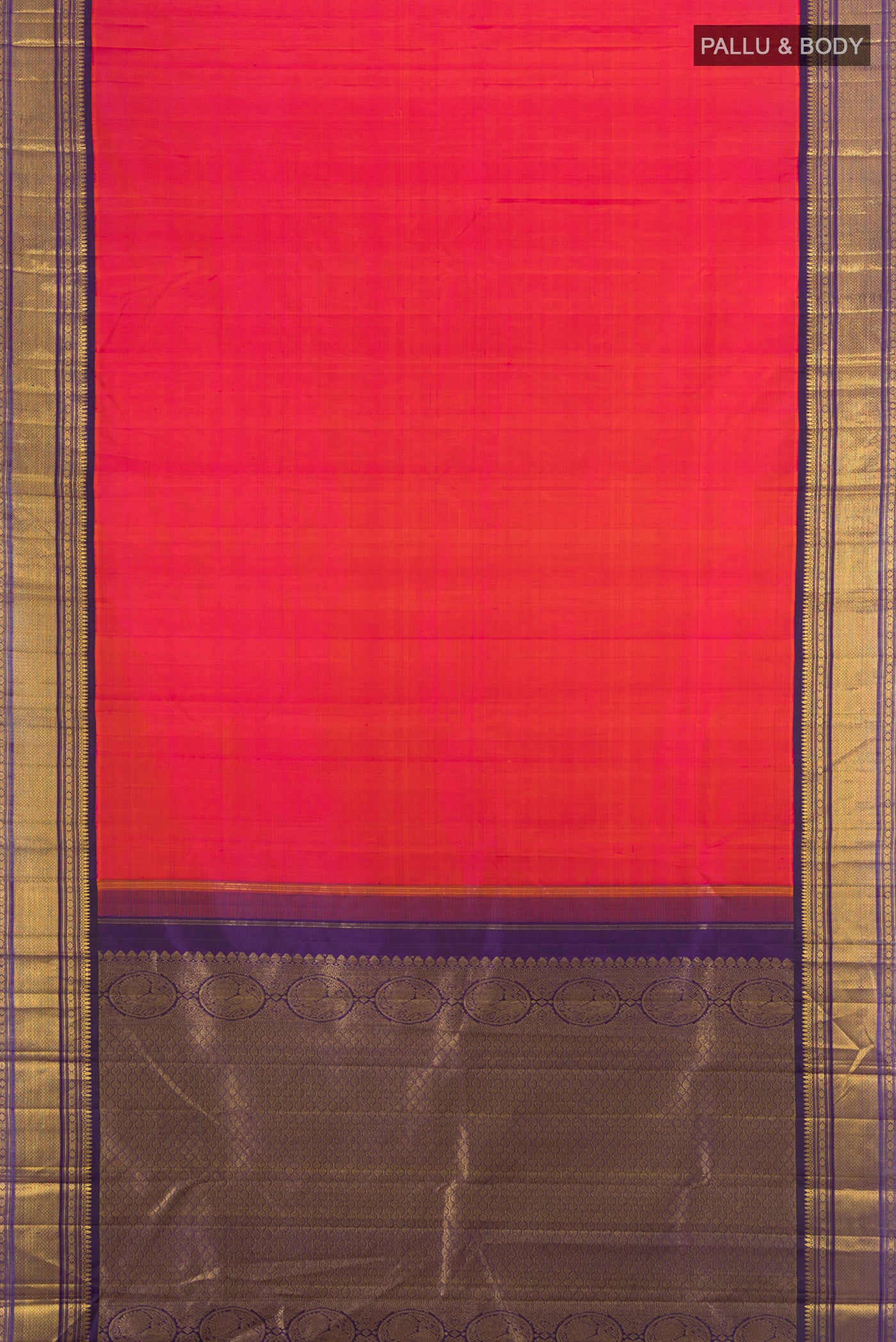Flat view of Pure Silk Pure Zari Peach Kanjivaram Saree with Plain Body and Silk Border. 