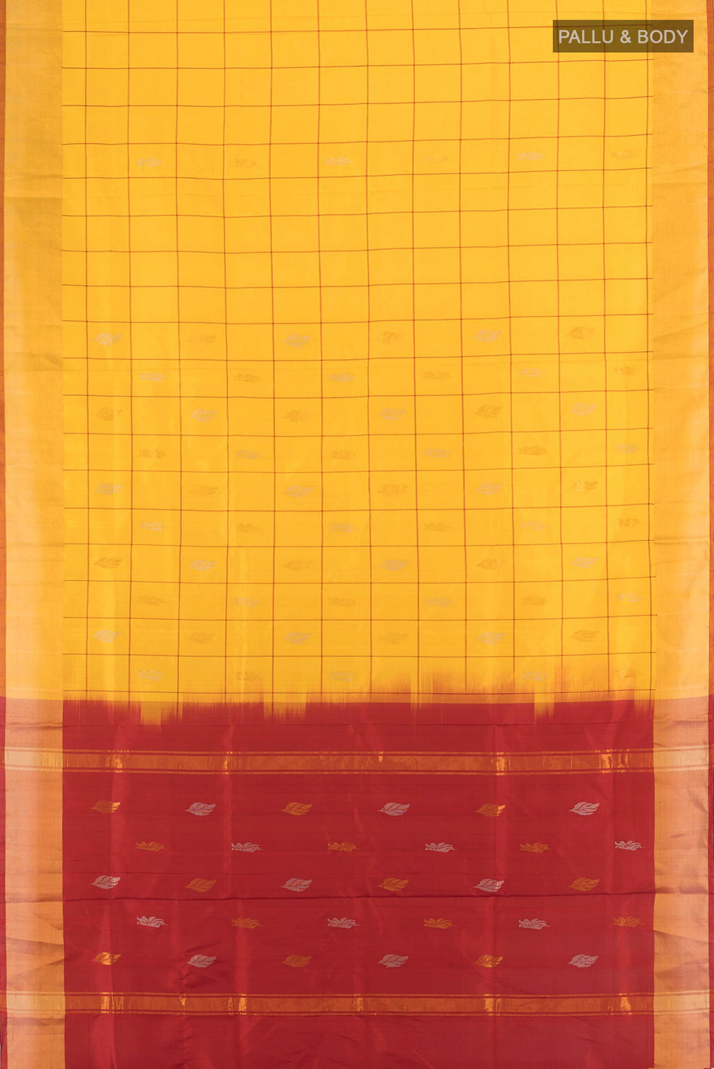 Flat view of Yellow Uppada Silk Saree with Checked design on the body and Zari Border. 