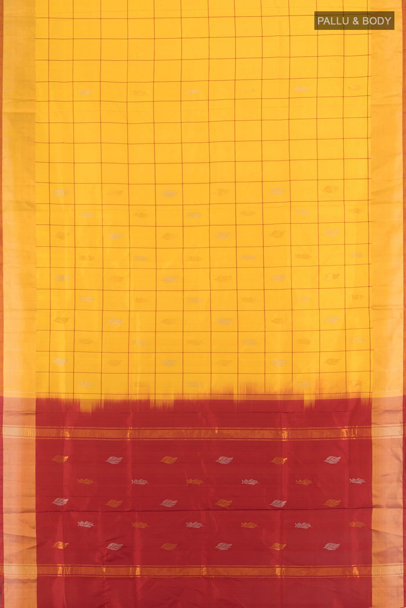 Flat view of Yellow Uppada Silk Saree with Checked design on the body and Zari Border. 