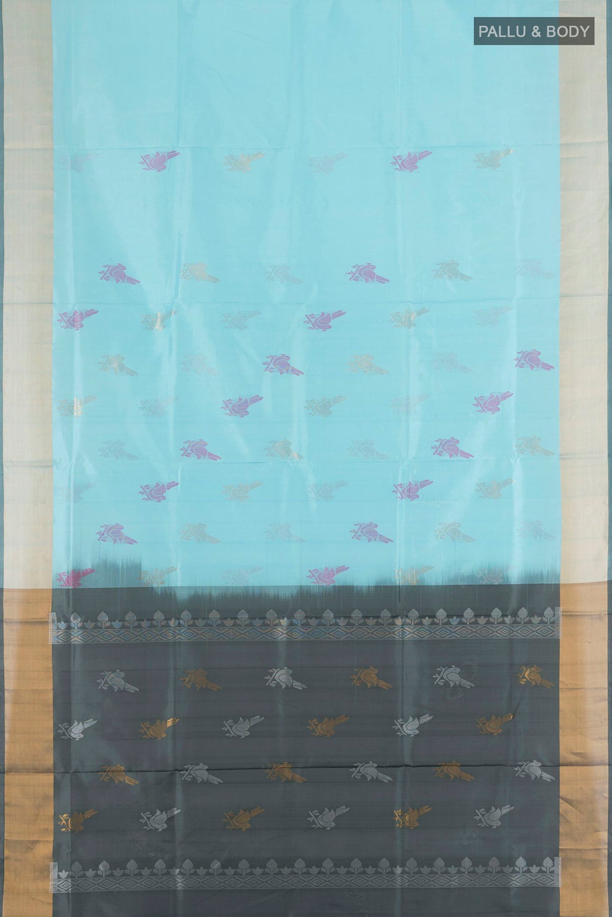 Flat view of Pure Silk Sky Blue Uppada Saree with Zari Butta on the body and Zari Border. 