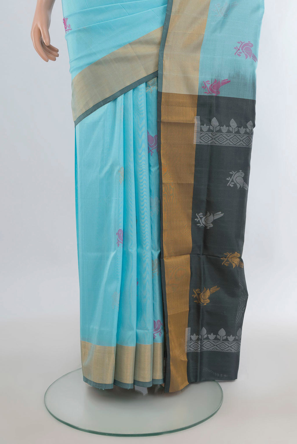 Pleats and pallu of Pure Silk Sky Blue Uppada Saree with Zari Butta on the body and Zari Border. 