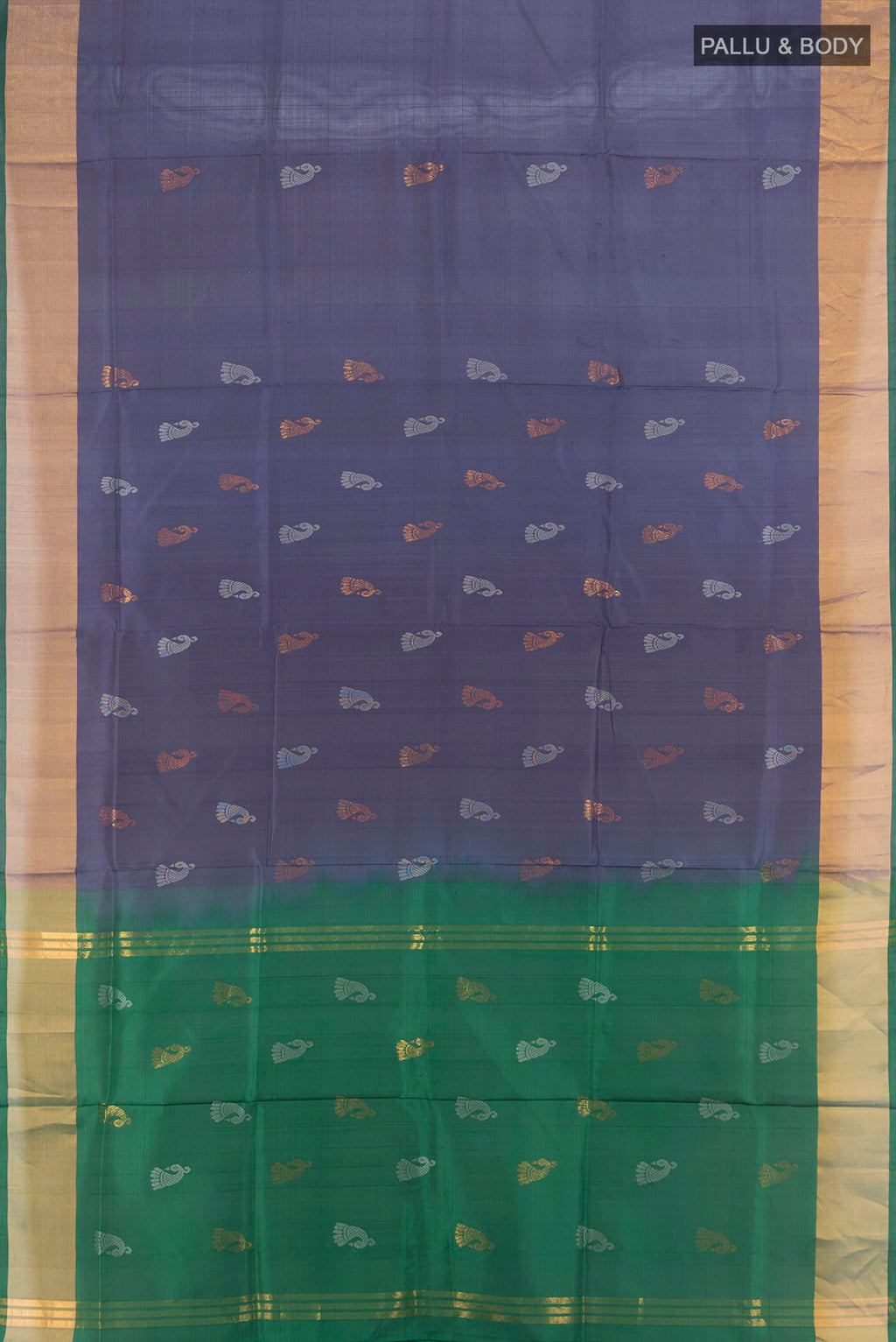 Flat view of Pure Silk Navy Blue Uppada Saree with Zari Butta on the body and Zari Border. 