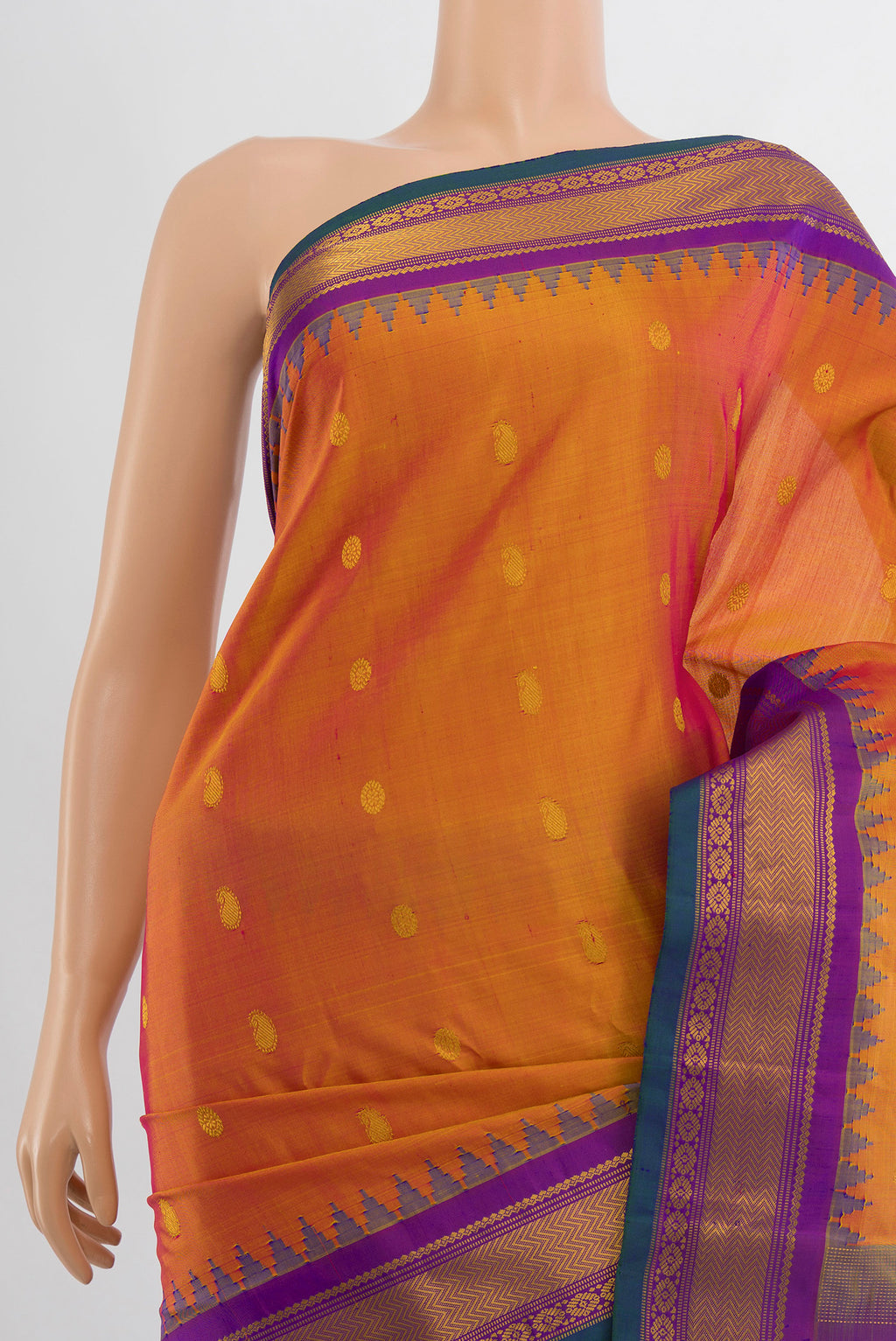 Border image of Pure Silk Pure Zari Golden Peach Gadwal Saree with Zari Butta on the body and Silk Border. 