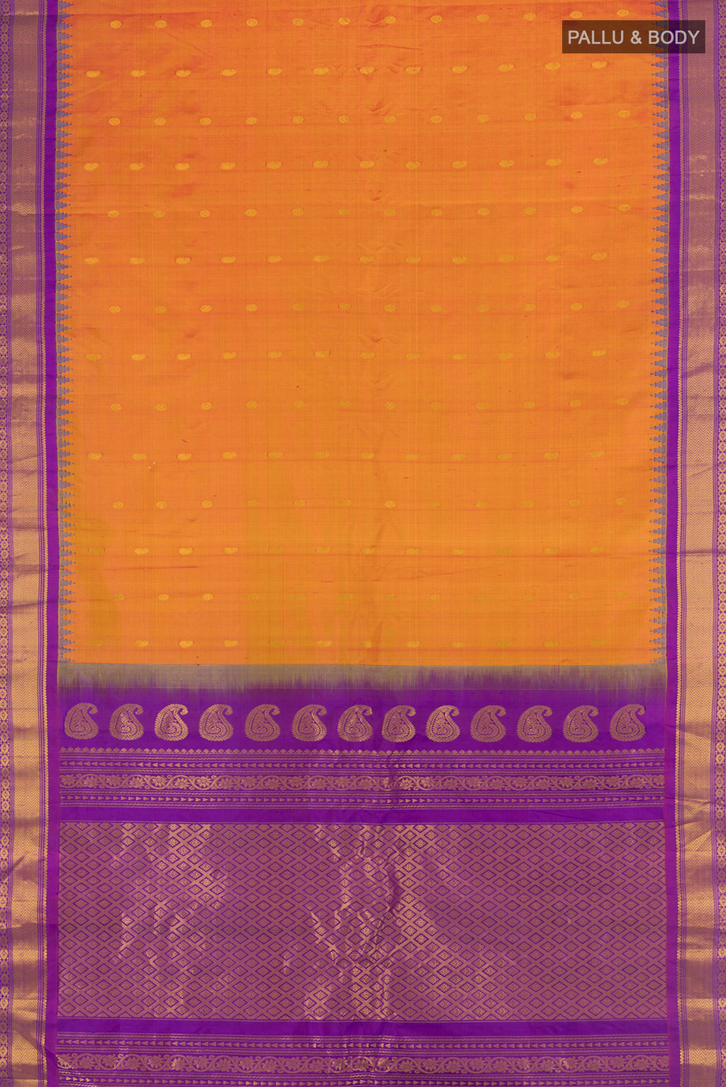 Flat view of Pure Silk Pure Zari Golden Peach Gadwal Saree with Zari Butta on the body and Silk Border. 