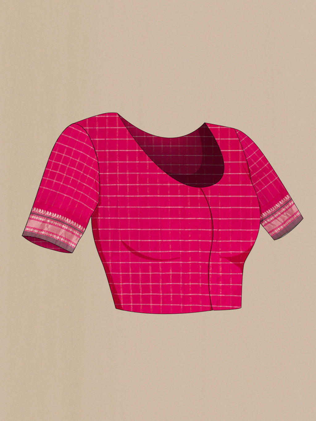 Close up image of the blouse of Bottle Green Gadwal Silk Saree with Checked design on the body and Zari Border. 
